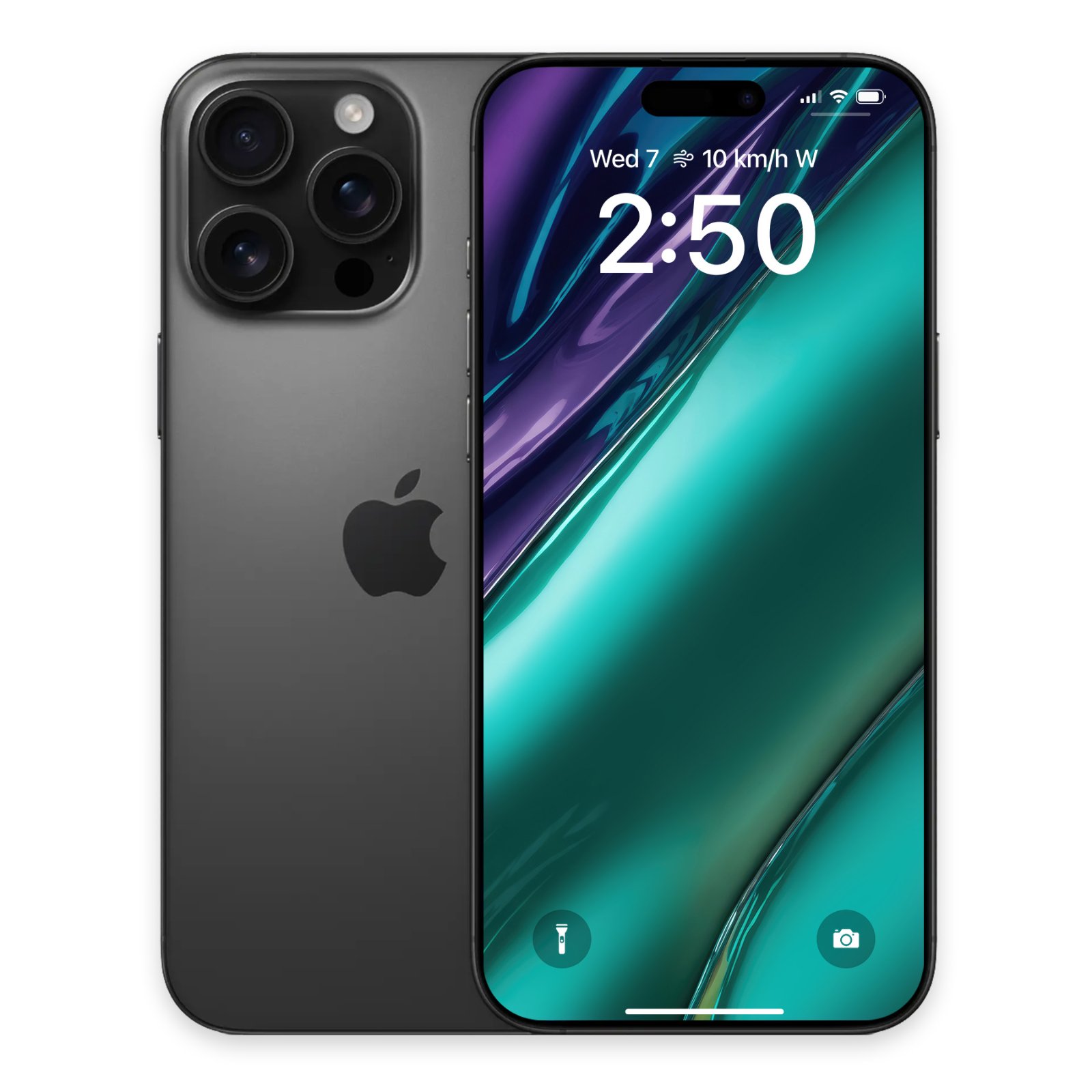A dark grey iPhone Pro showing a liquid teal and purple abstract wallpaper next to its back casing.