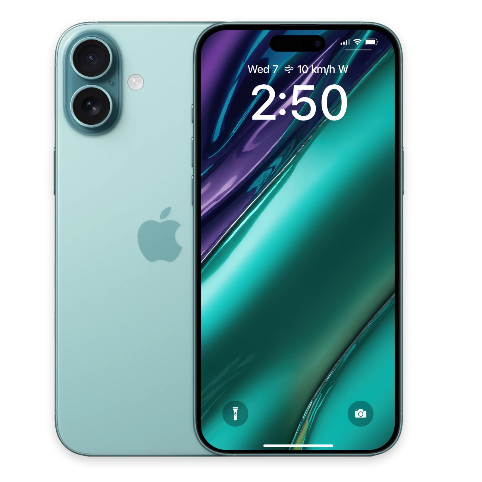A light teal green iPhone displaying a sleek turquoise abstract wallpaper alongside its back panel.