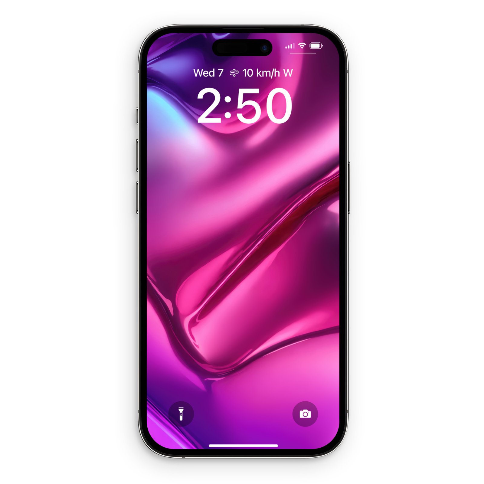 Front-facing iPhone displaying an abstract wallpaper with glossy magenta folds and electric cyan highlights.
