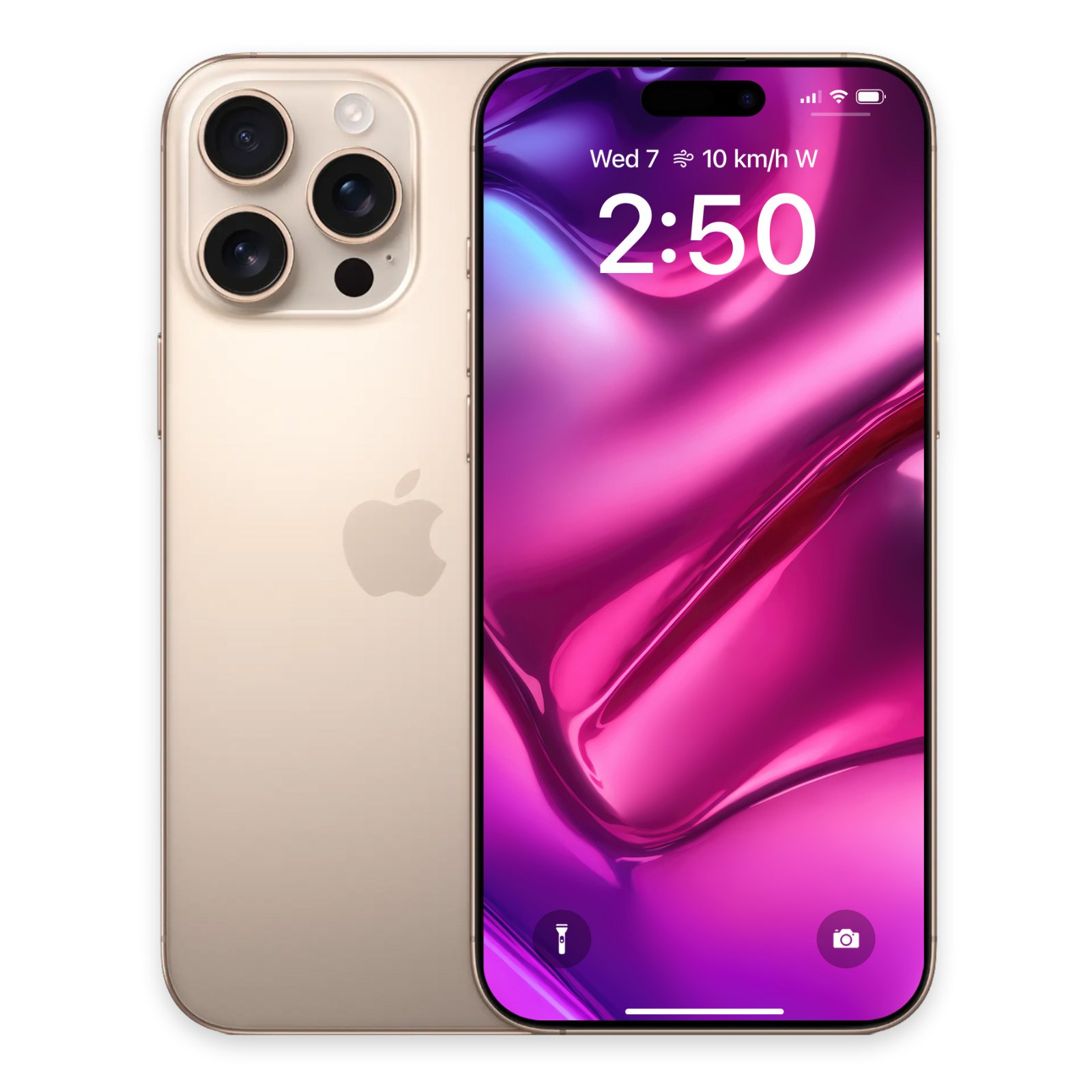 Gold iPhone Pro shown from the back and front displaying a glossy magenta abstract wallpaper.