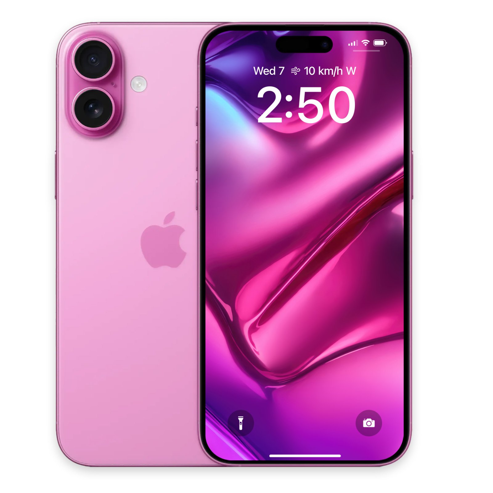 Pink iPhone shown from the back and front displaying an abstract metallic pink wallpaper.