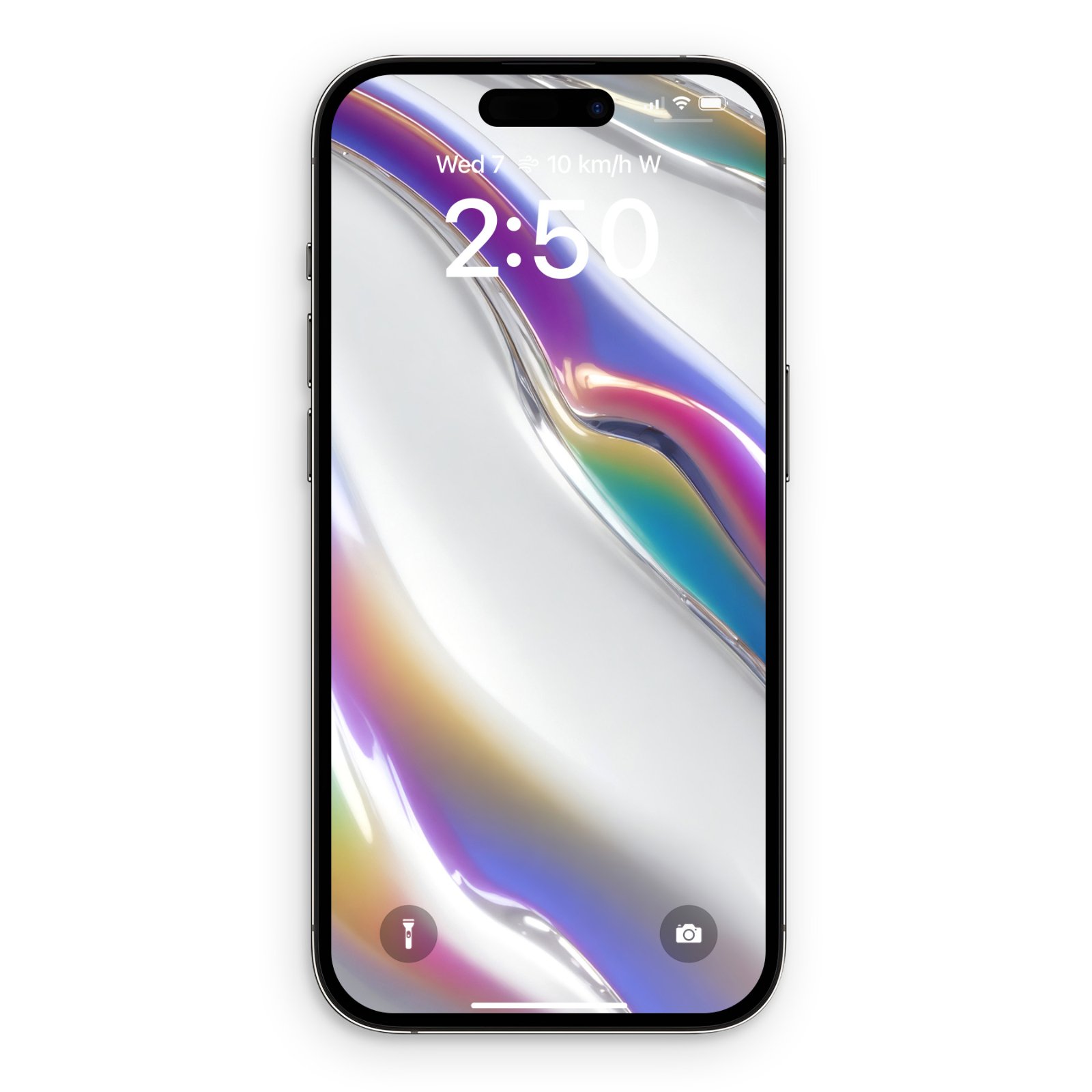 A black iPhone with a white lock screen showing iridescent, swirling ribbons of fuchsia, teal, and gold against a glossy white background, displaying the time 2:50.