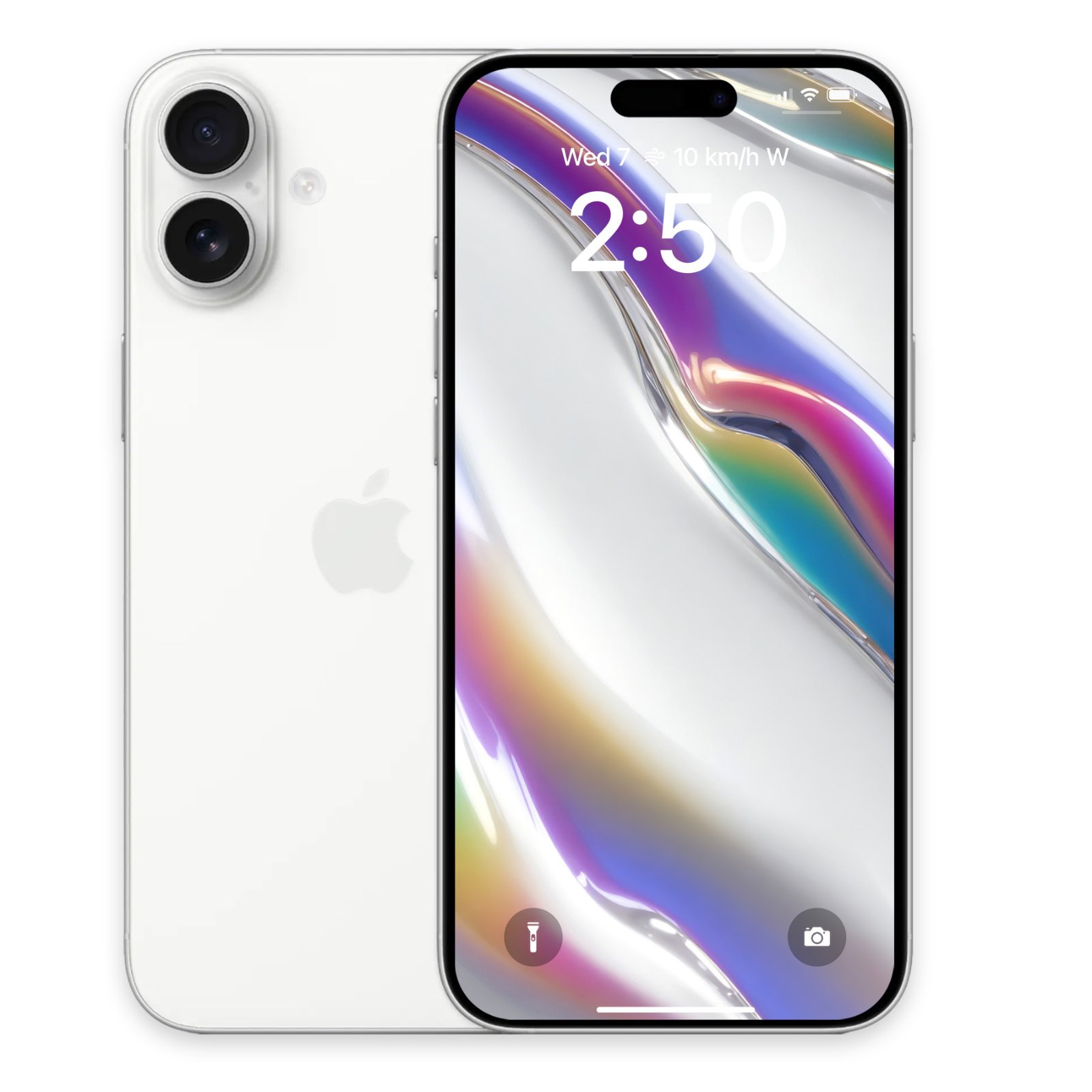 A white iPhone with a white lock screen showing iridescent, swirling ribbons of fuchsia, teal, and gold against a glossy white background, displaying the time 2:50. The back of the white iPhone is visible next to it.