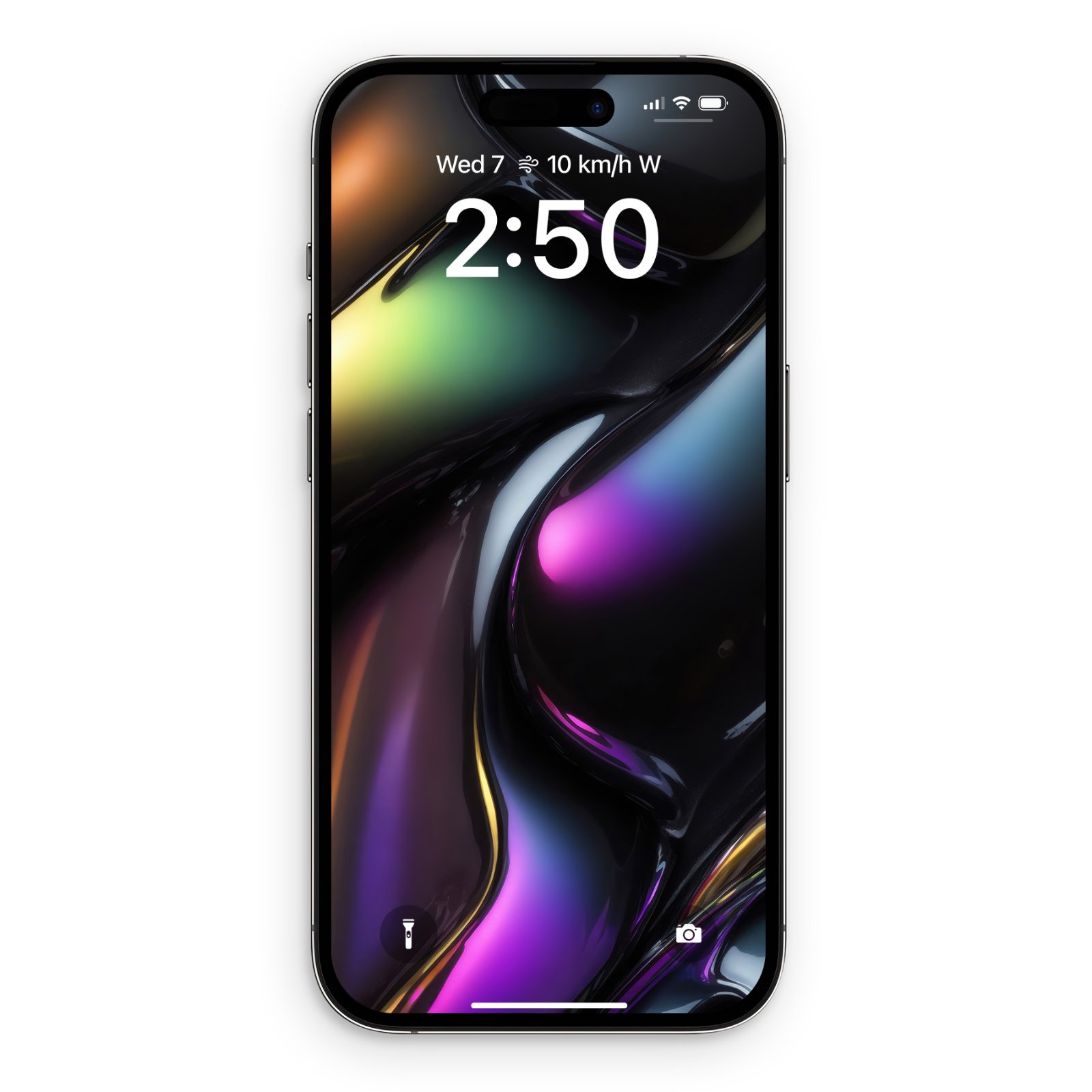 Glossy black fluid abstract wallpaper with rainbow highlights displayed on an iPhone screen.