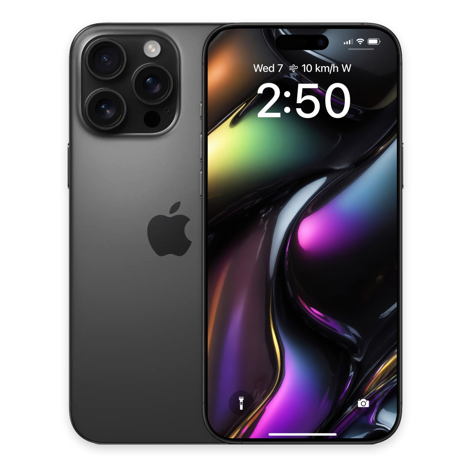 Dark grey iPhone showing a glossy fluid abstract wallpaper with purple and green highlights.