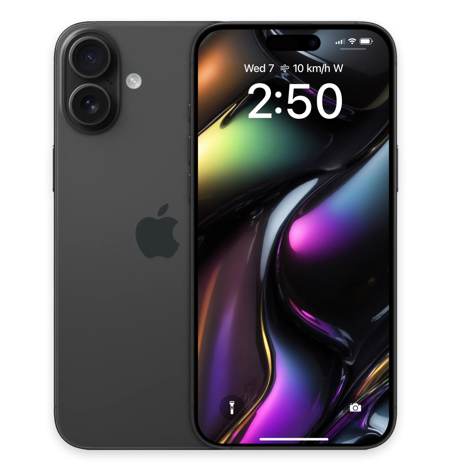 Black iPhone displaying a liquid abstract wallpaper with iridescent highlights.