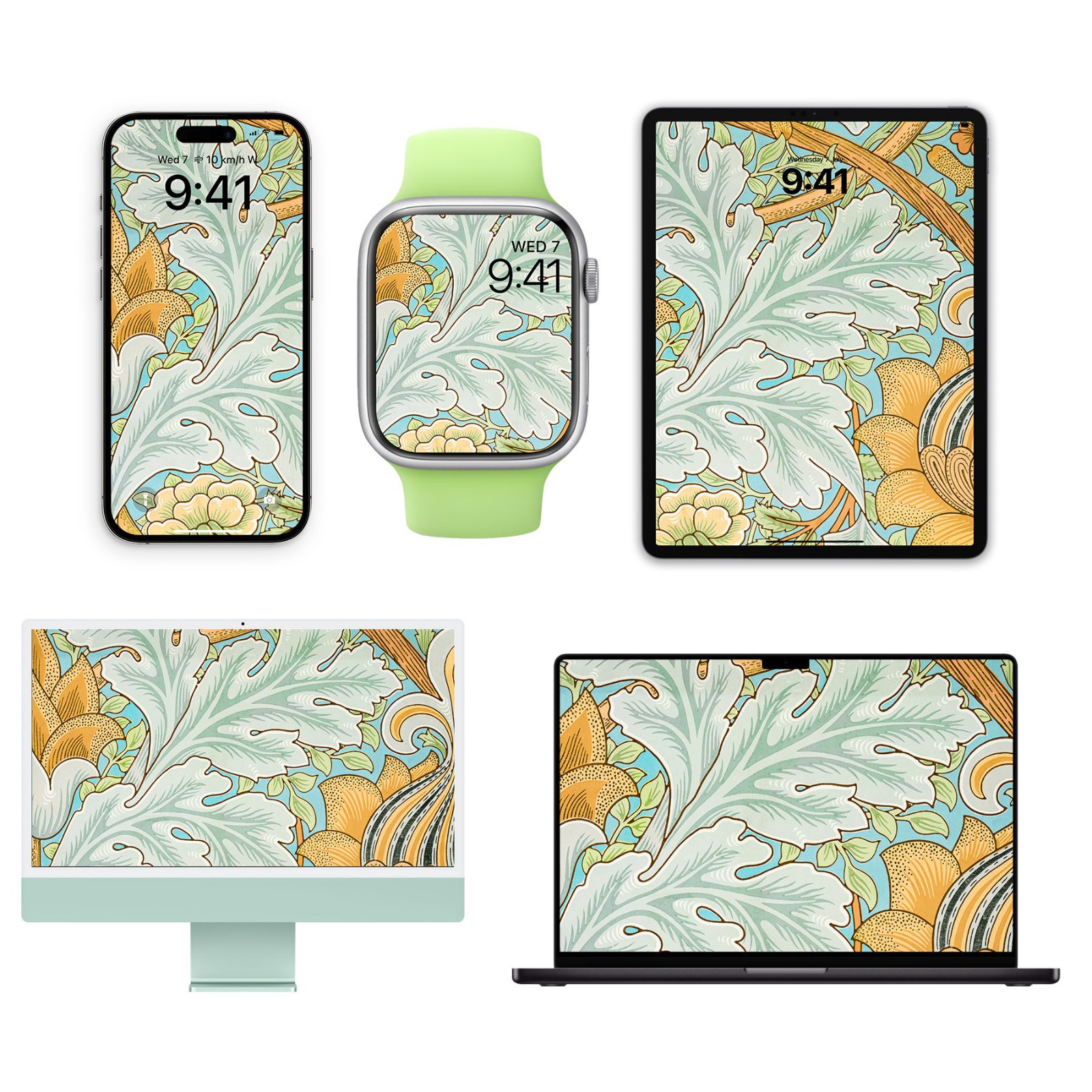 iPhone, Apple Watch with lime green band, and iPad displaying the St James William Morris pattern of pale sage acanthus leaves, golden apples, and blue accents, arranged in a flat lay composition alongside an iMac and MacBook laptop showing the same design.
