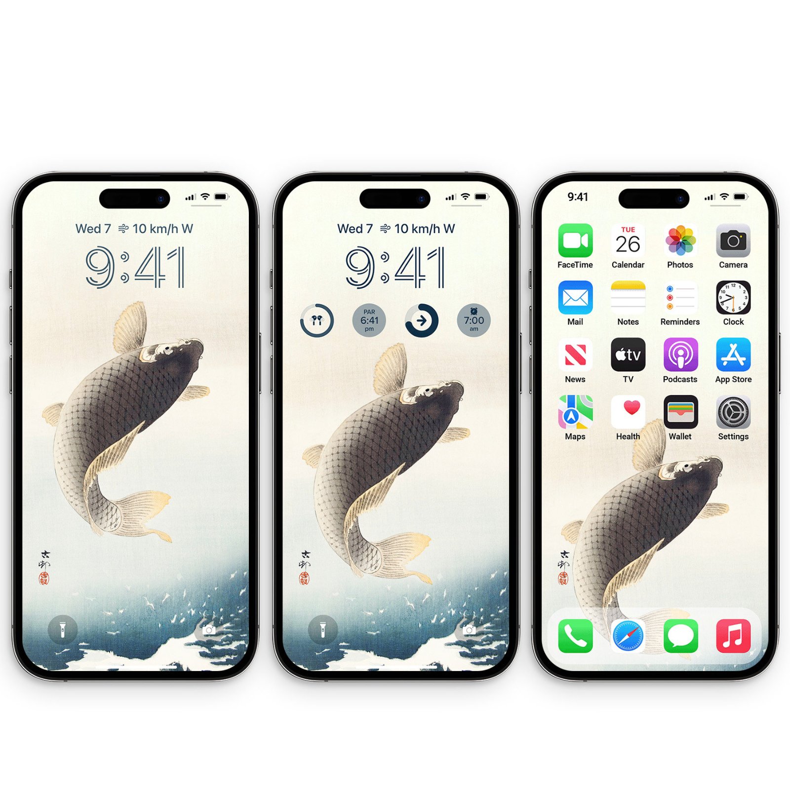 Three iPhones side by side displaying an Ohara Koson artwork of a carp leaping over blue waves on lock screen, lock screen with widgets, and home screen.