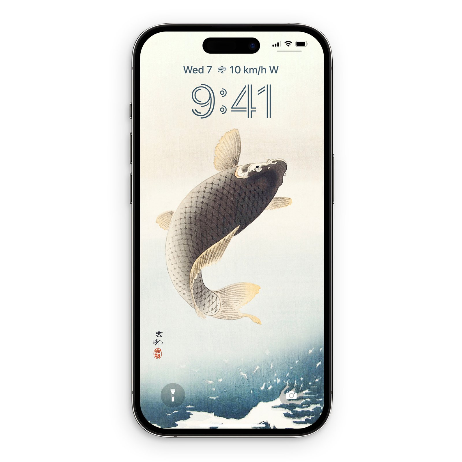 An iPhone on a white background displaying a woodblock print wallpaper of a jumping carp on its lock screen.