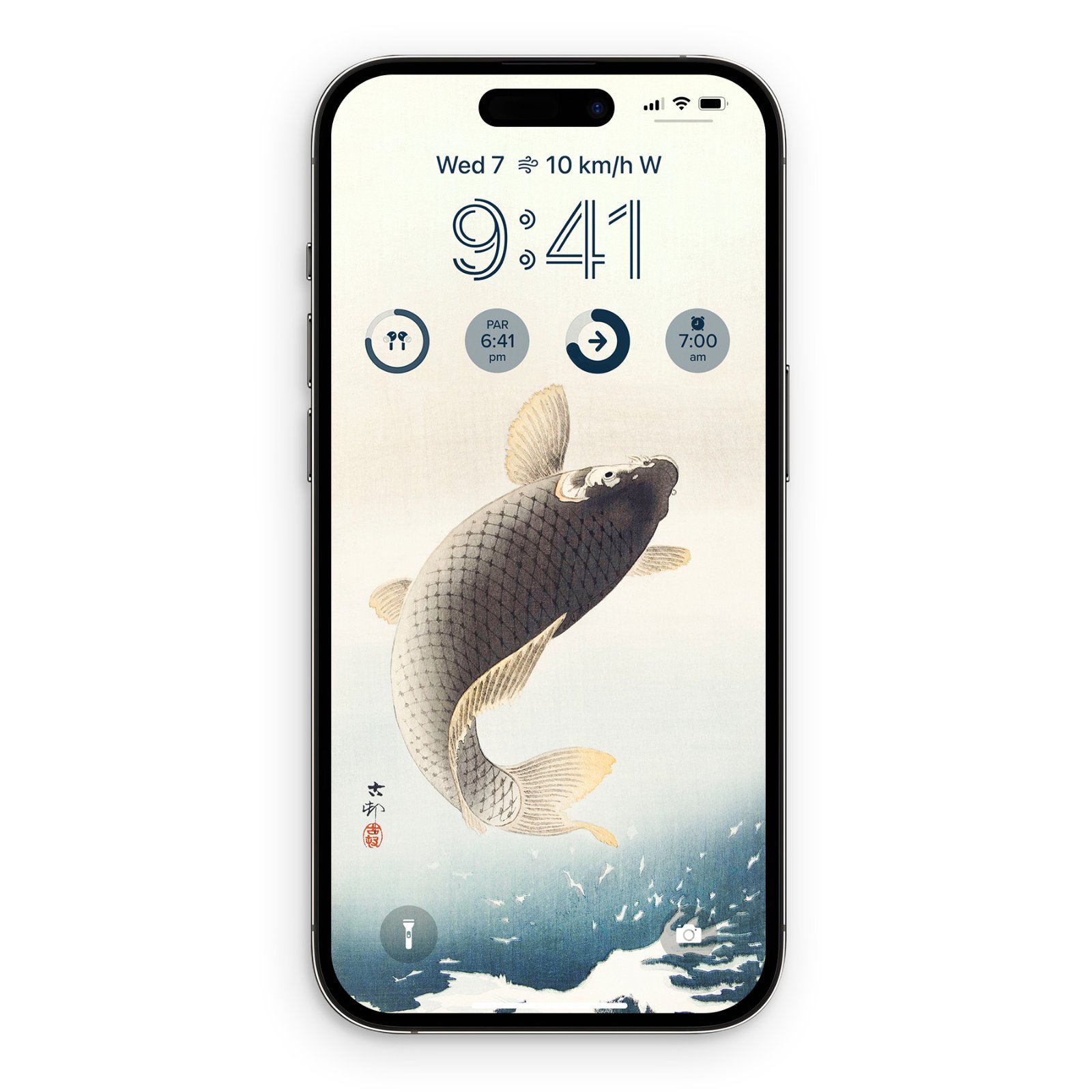 An iPhone screen featuring an Ohara Koson jumping carp woodblock print backdrop with lock screen clock and circular widgets.