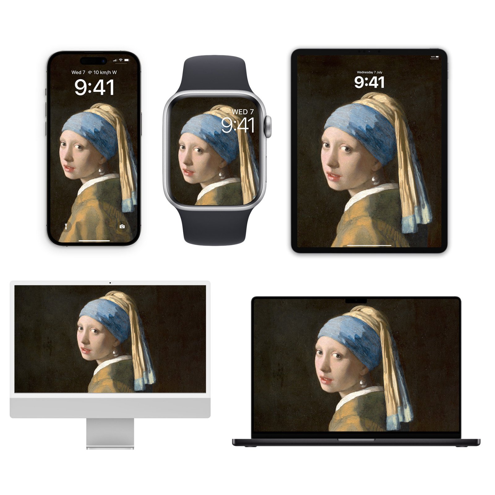 Johannes Vermeer's Girl With A Pearl Earring artwork displayed on an iPhone, Apple Watch, iPad, iMac, and MacBook.