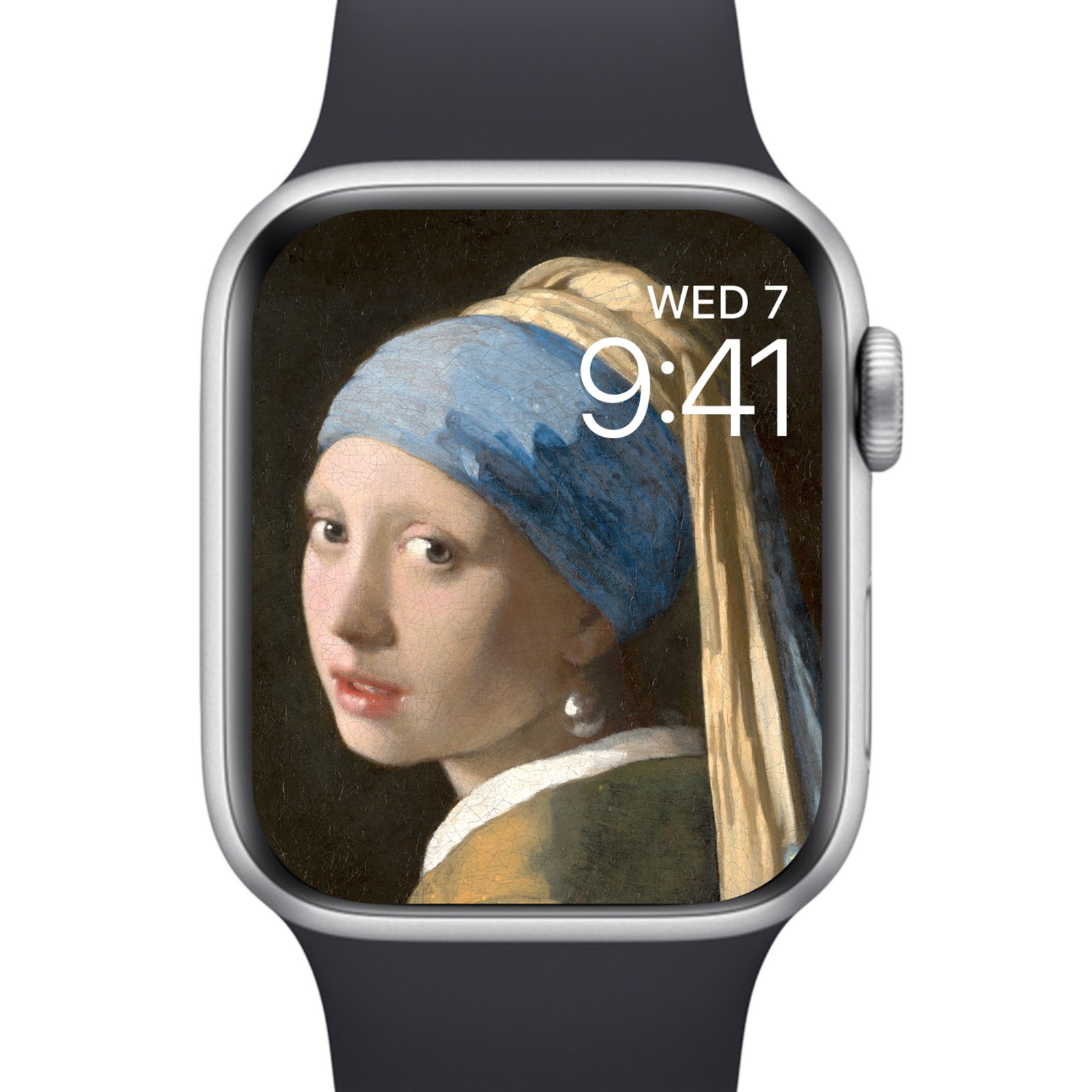 Girl With A Pearl Earring portrait displayed up close on a silver Apple Watch face.