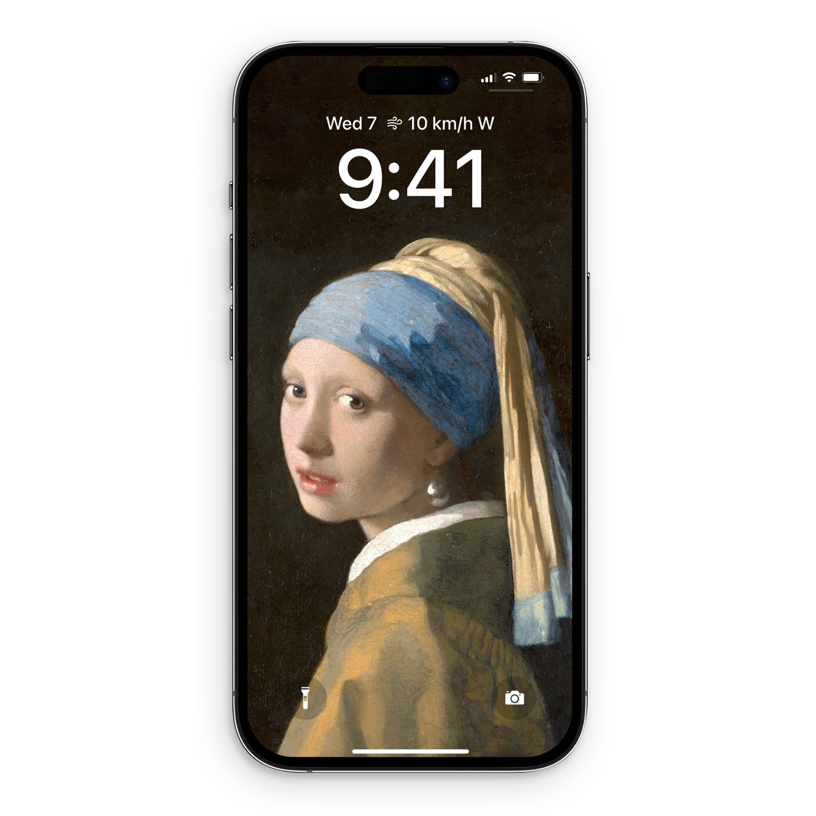 Girl With A Pearl Earring artwork framed on an iPhone lock screen showing time and icons.