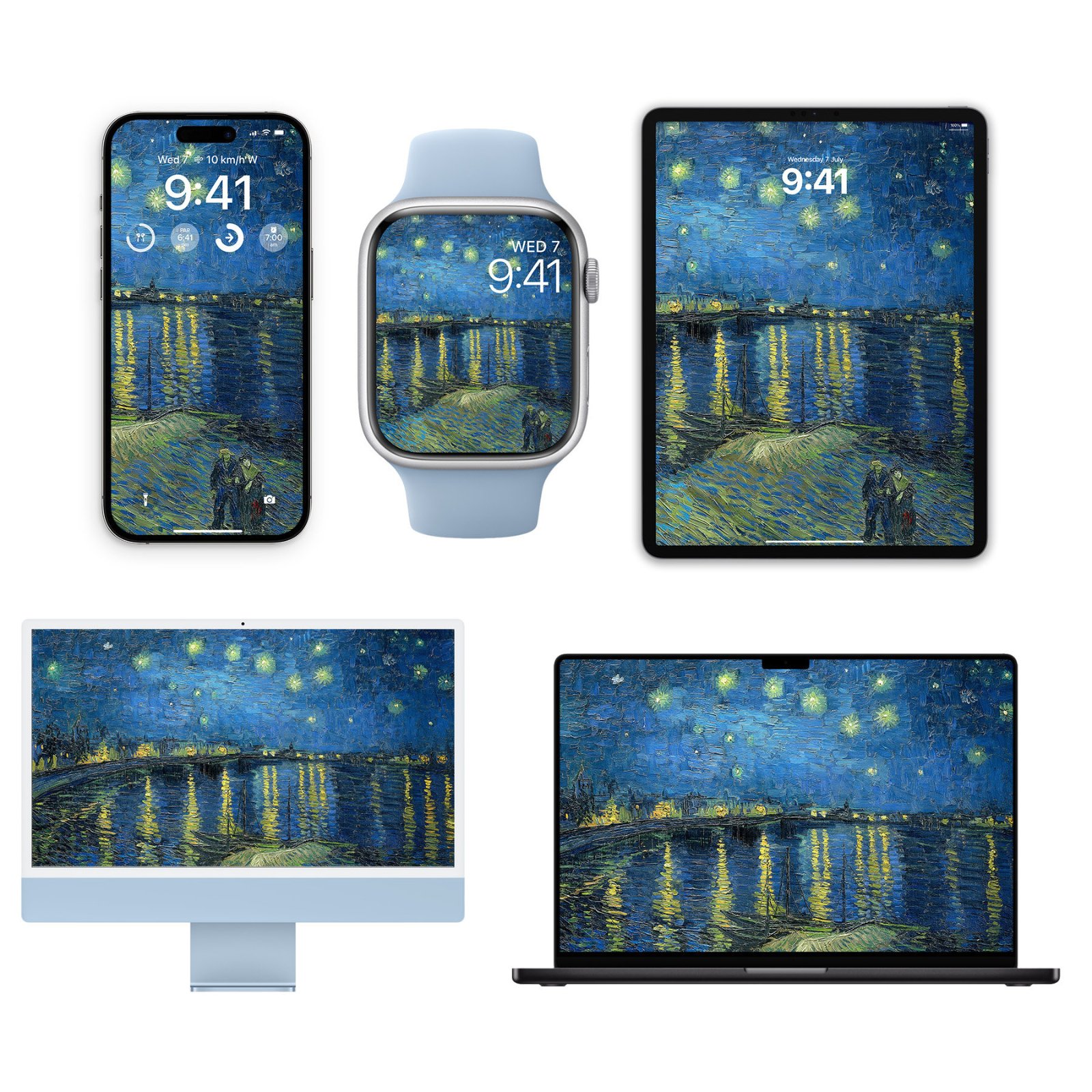 iPhone, Apple Watch, and iPad displaying Van Gogh's Starry Night Over the Rhône with a swirling deep blue sky dotted with yellow stars above a river with golden reflections and olive-toned meadow in the foreground.