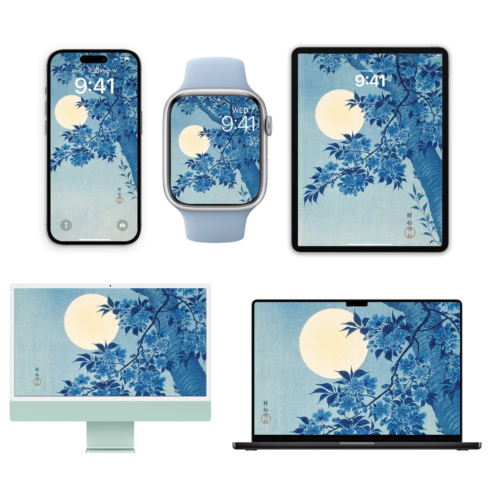A set of Apple devices including an iPhone, Apple Watch, iPad, green iMac, and MacBook displaying Ohara Koson's blue cherry blossom woodblock print under a full moon.