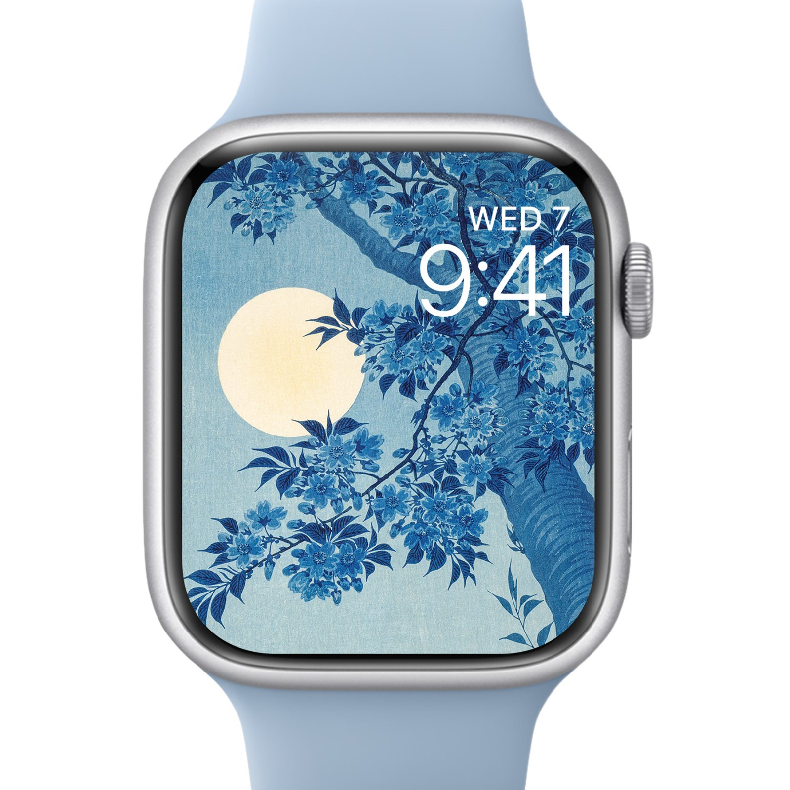 An Apple Watch face displaying a close-up detail of blue cherry blossoms and a pale yellow moon.