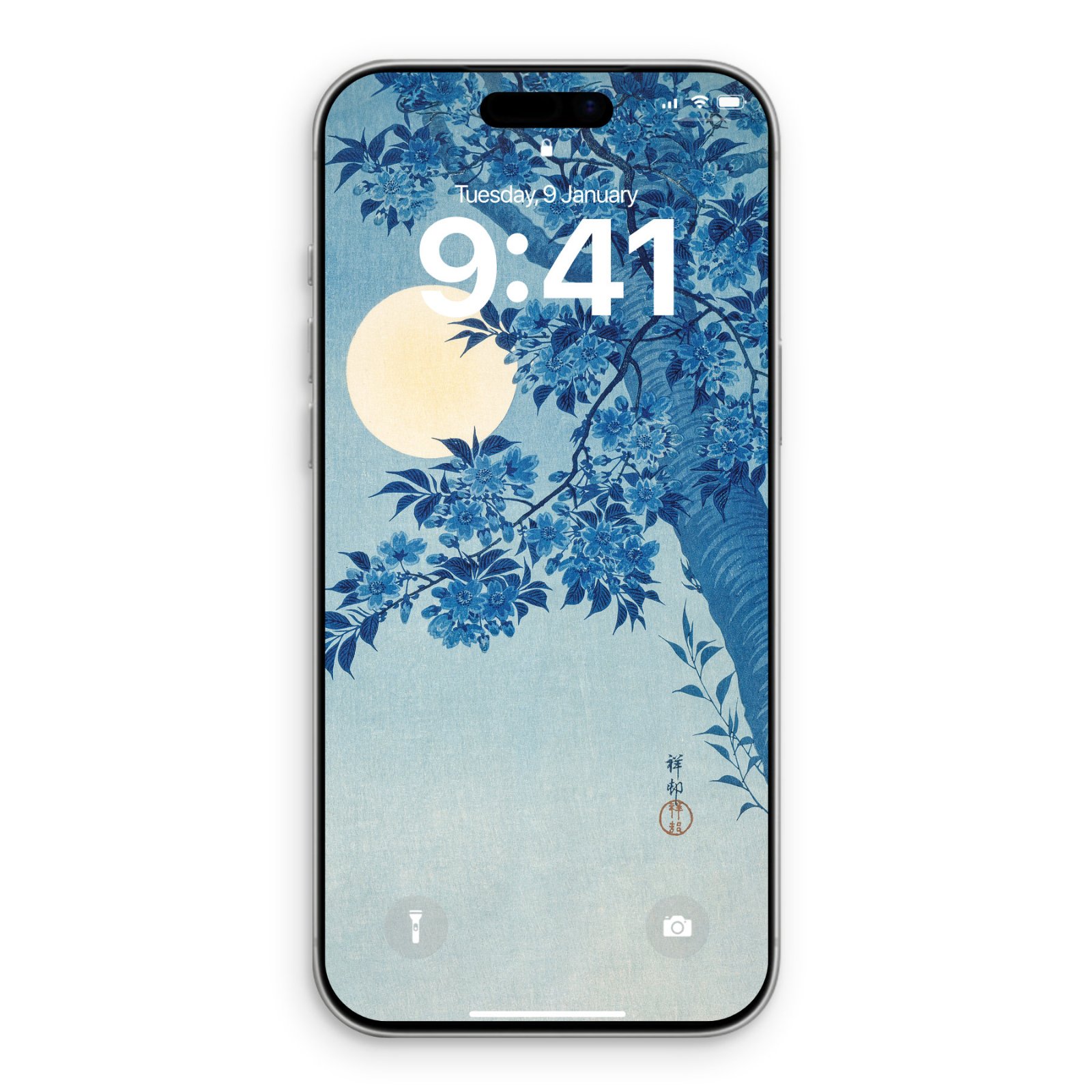 An iPhone lock screen showing a full cream moon and blue cherry blossoms by Ohara Koson.