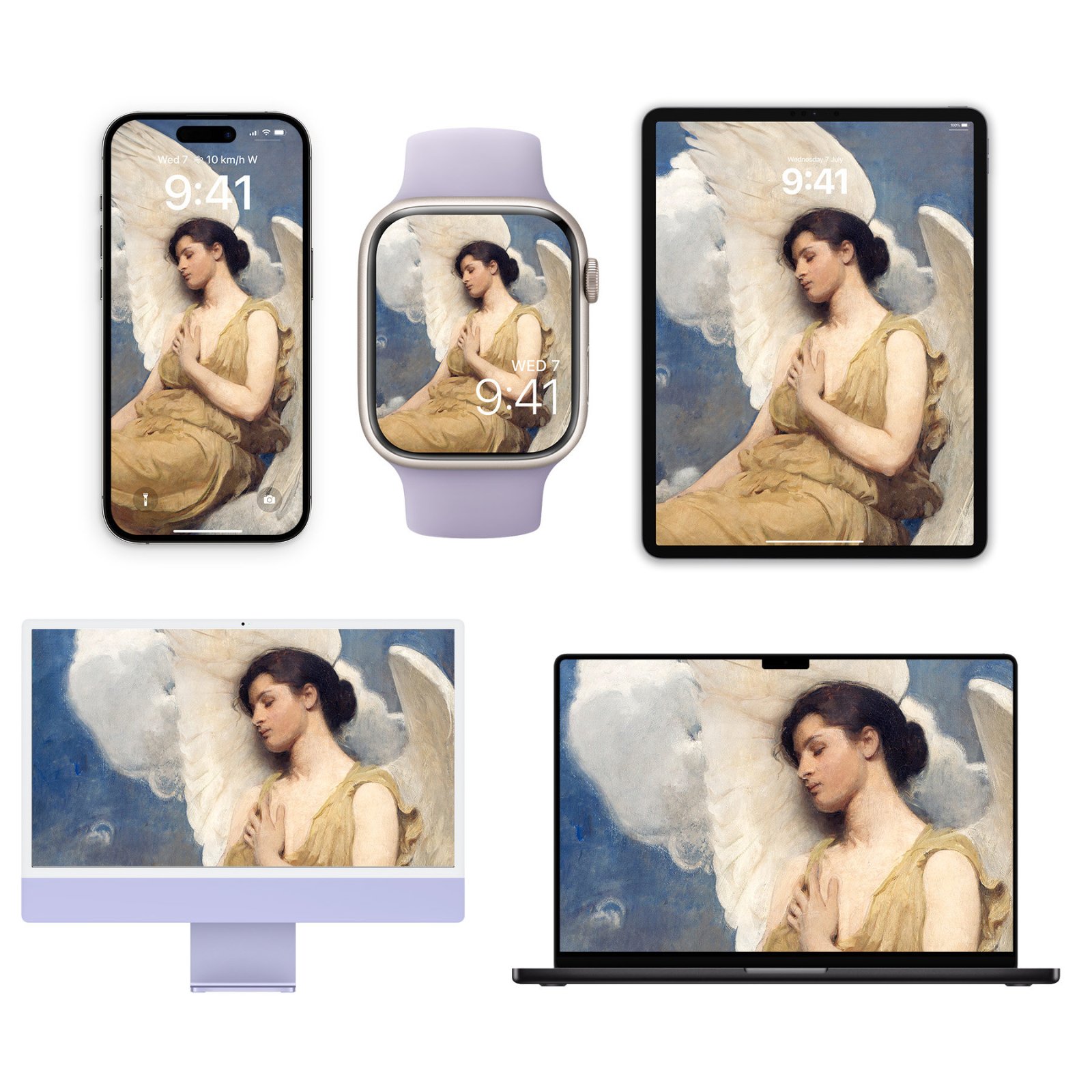 Abbott Handerson Thayer Winged Figure painting displayed on an iPhone, Apple Watch, iPad, iMac, and MacBook.