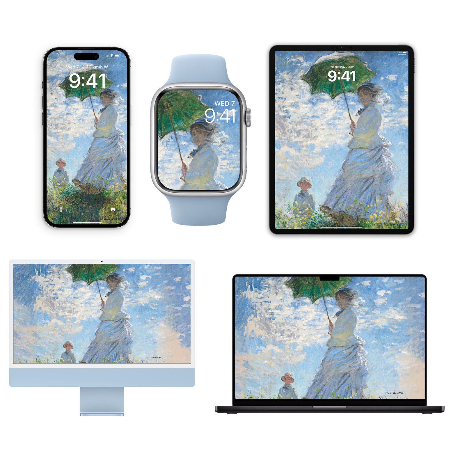 Monet's Woman with a Parasol painting displayed across an iPhone, Apple Watch, iPad, iMac, and MacBook, showing Camille in a lavender dress holding an emerald green parasol against a cerulean and ivory sky, with young Jean visible in the grass below.