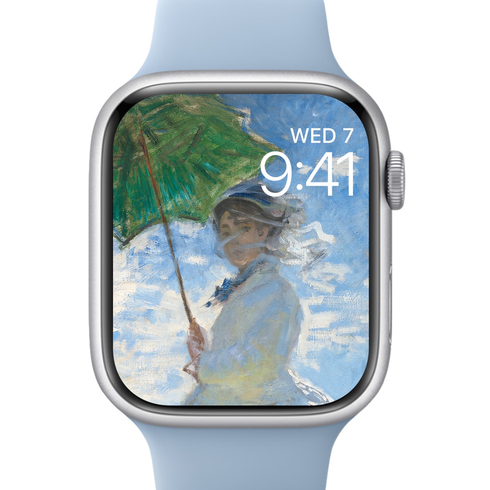 Apple Watch showing the same Monet painting with the parasol and figures scaled to fit the small square face.