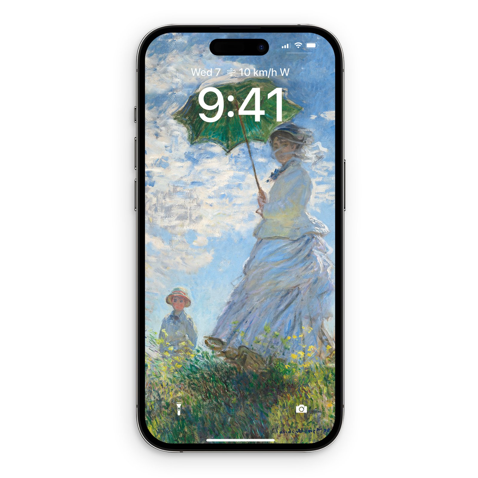 iPhone displaying Monet's Woman with a Parasol with Camille holding an emerald parasol in the center and young Jean in the lower foreground.