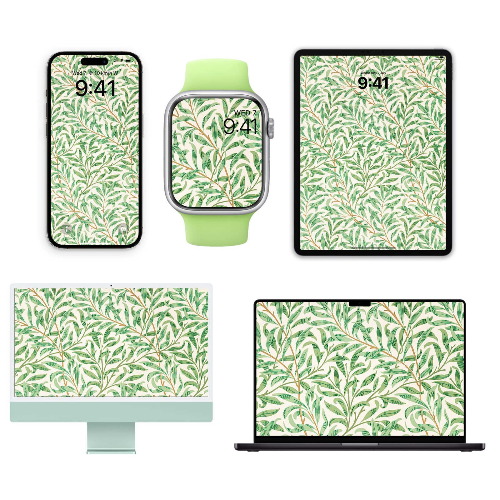 Five Apple devices—an iPhone, Apple Watch, iPad, light green iMac, and dark laptop—displaying a sage green William Morris willow bough wallpaper on cream backgrounds.
