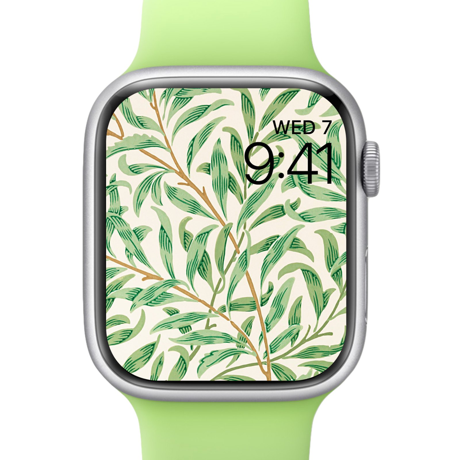 An Apple Watch with a light green band showing a closeup of the William Morris willow pattern screen.