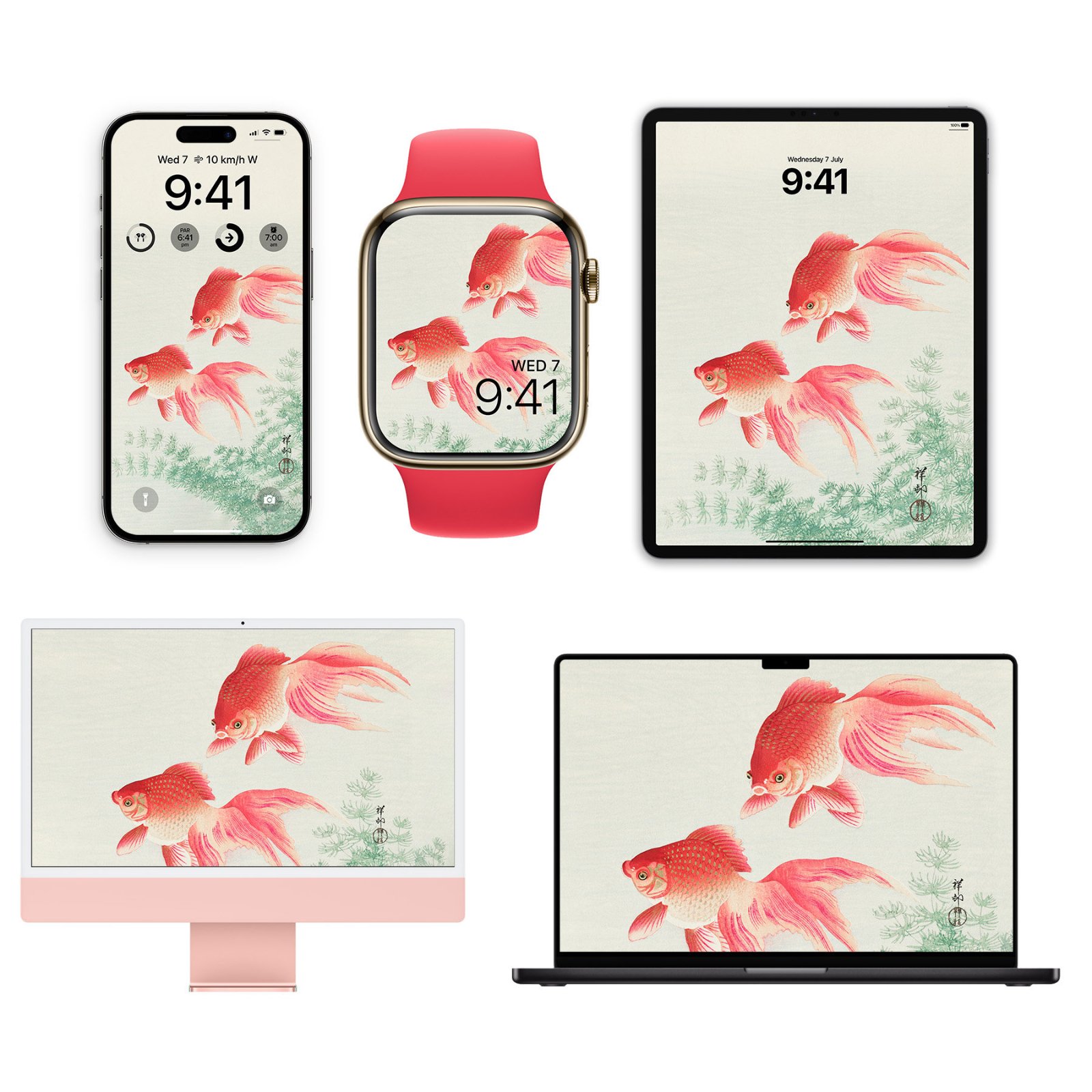 An arrangement showing an iPhone, Apple Watch, iPad, iMac, and MacBook featuring a vintage Japanese woodblock print of two red goldfish swimming above green water plants on cream paper.