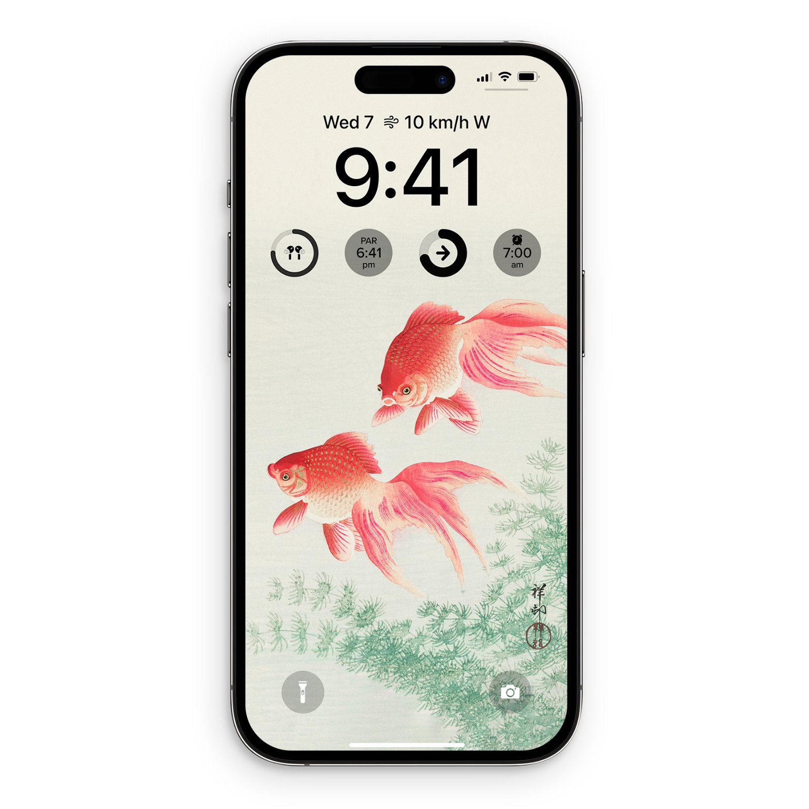 An iPhone lock screen mockup displaying Ohara Koson's print of two red veil goldfish swimming over light green water plants on an off-white background.
