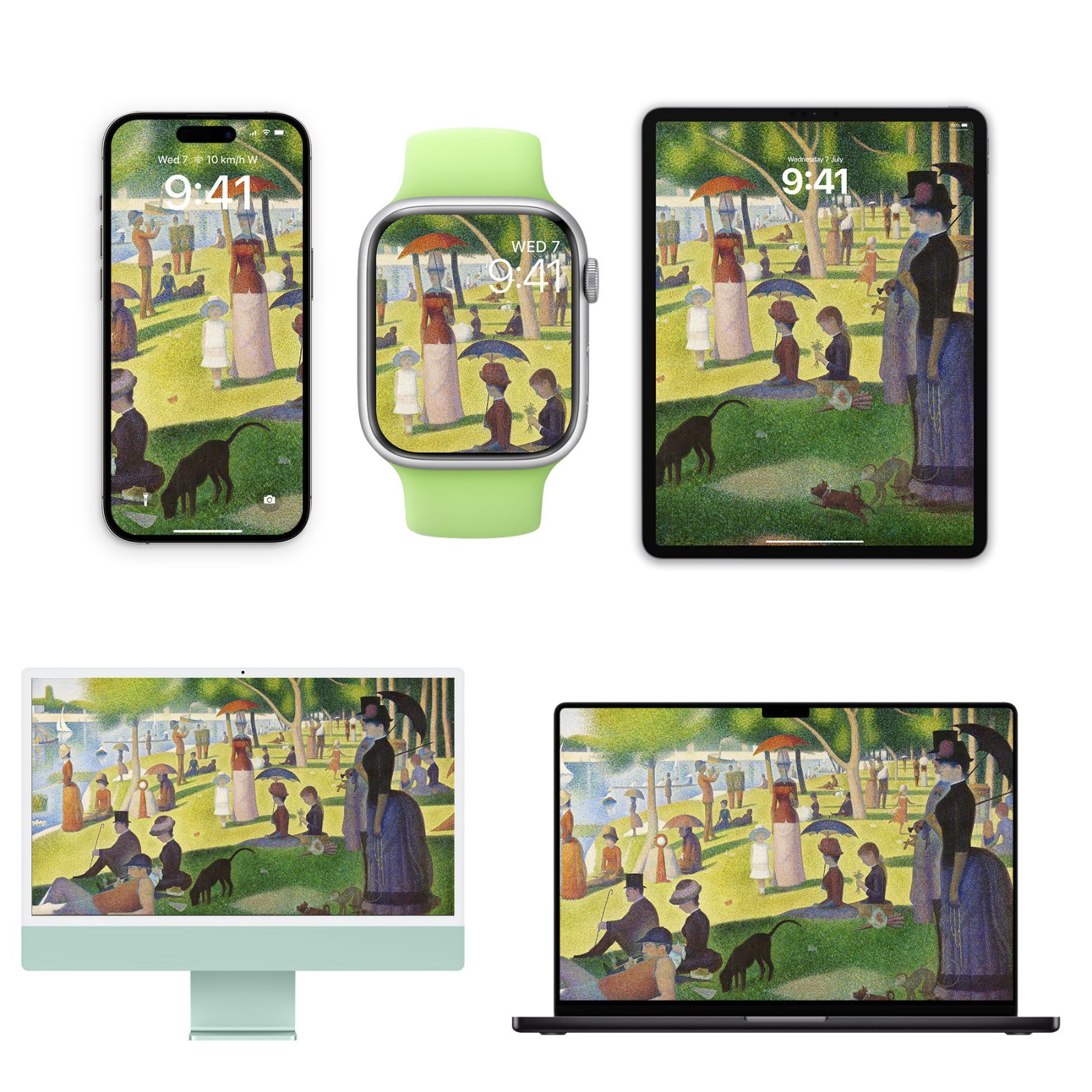A Sunday On La Grande Jatte wallpaper displayed across an iPhone, Apple Watch, iPad, mint green iMac, and black MacBook.