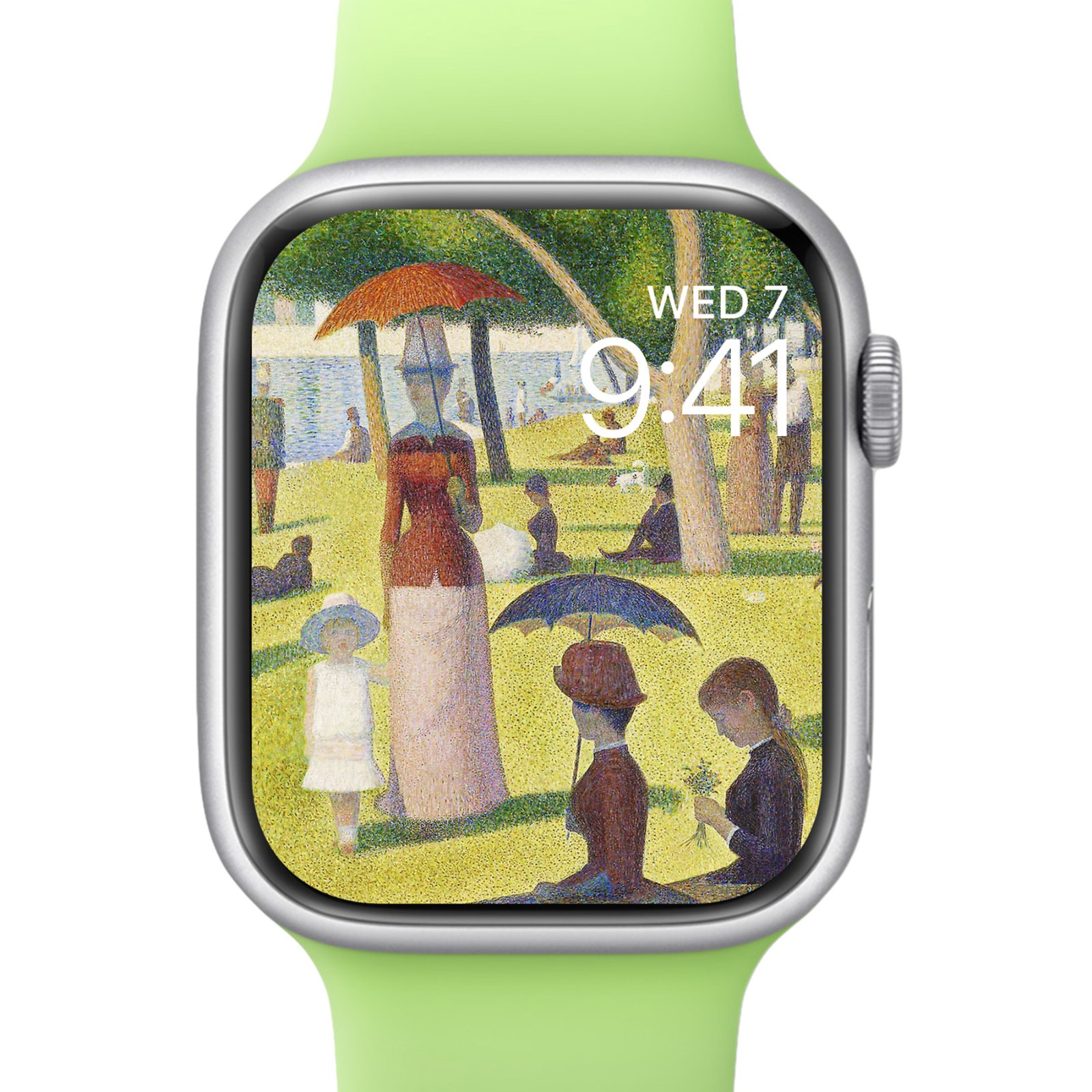 A Sunday On La Grande Jatte wallpaper mockup on an Apple Watch screen with a light green strap.