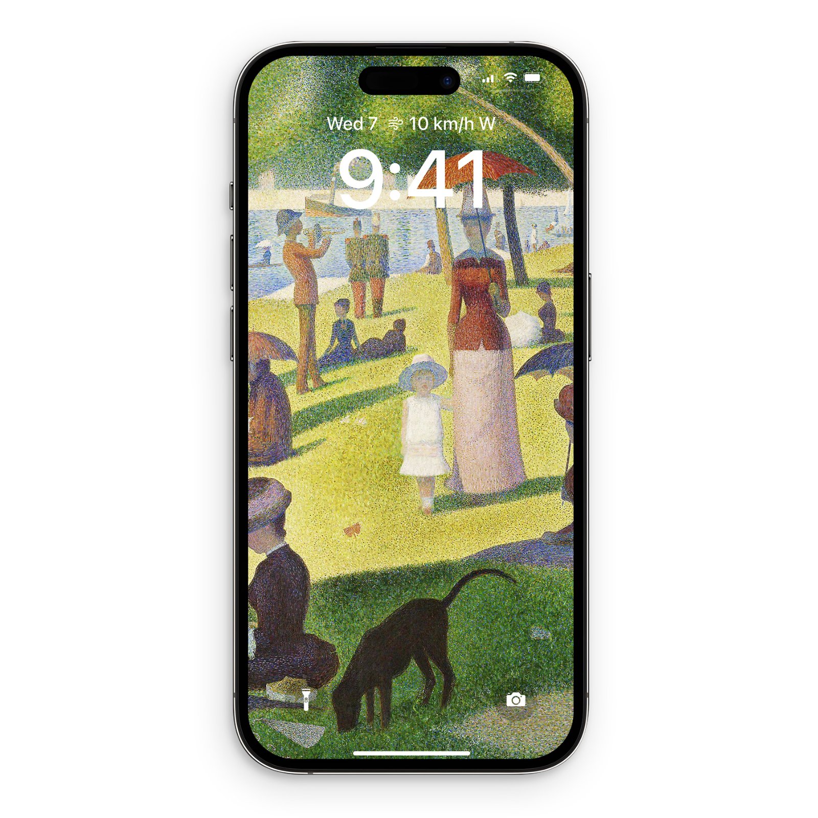A Sunday On La Grande Jatte wallpaper mockup on an iPhone lock screen.