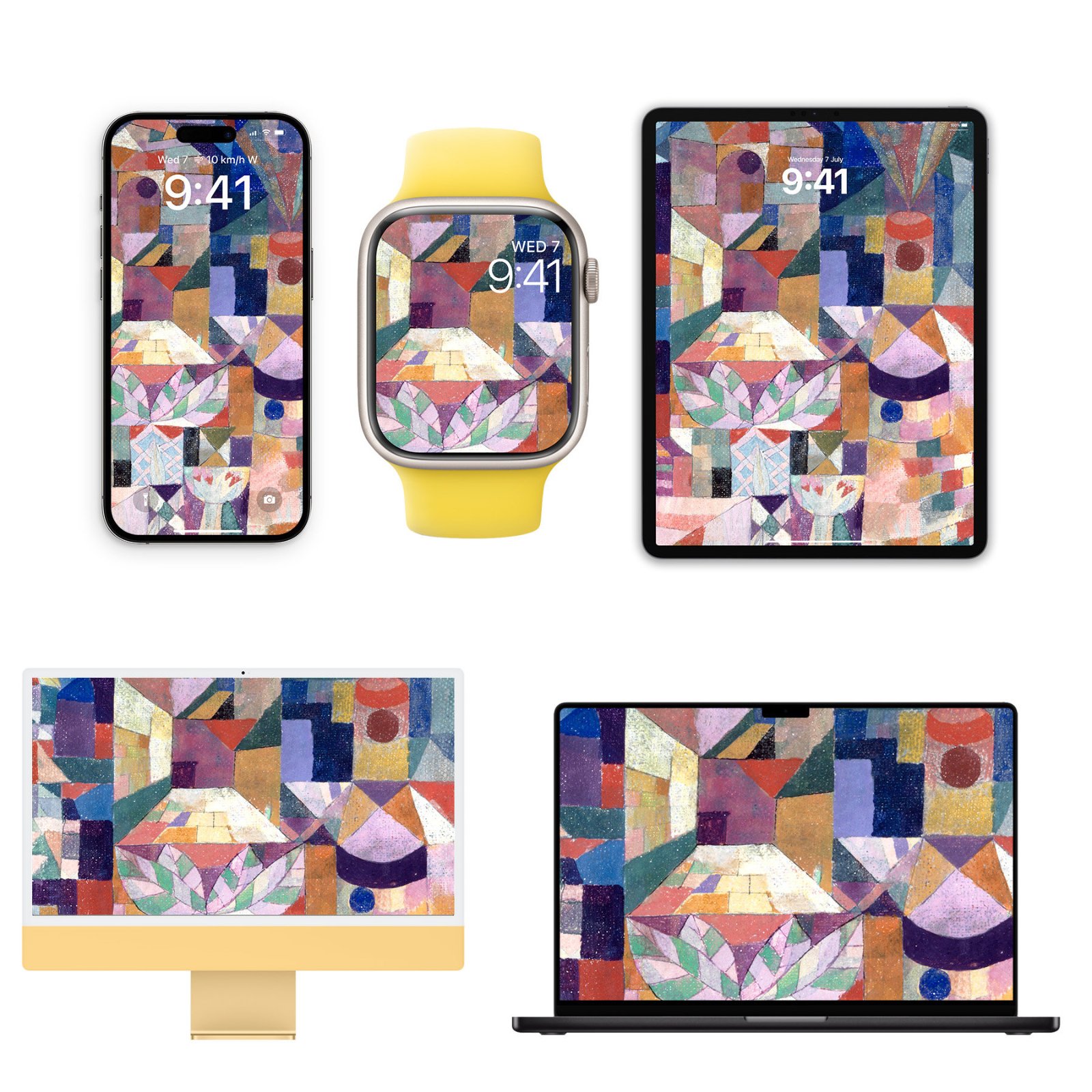 Five electronic devices including an iPhone, Apple Watch, iPad, yellow iMac, and dark laptop displaying Paul Klee's geometric abstract art wallpaper with pastel blocks and leaf motifs.