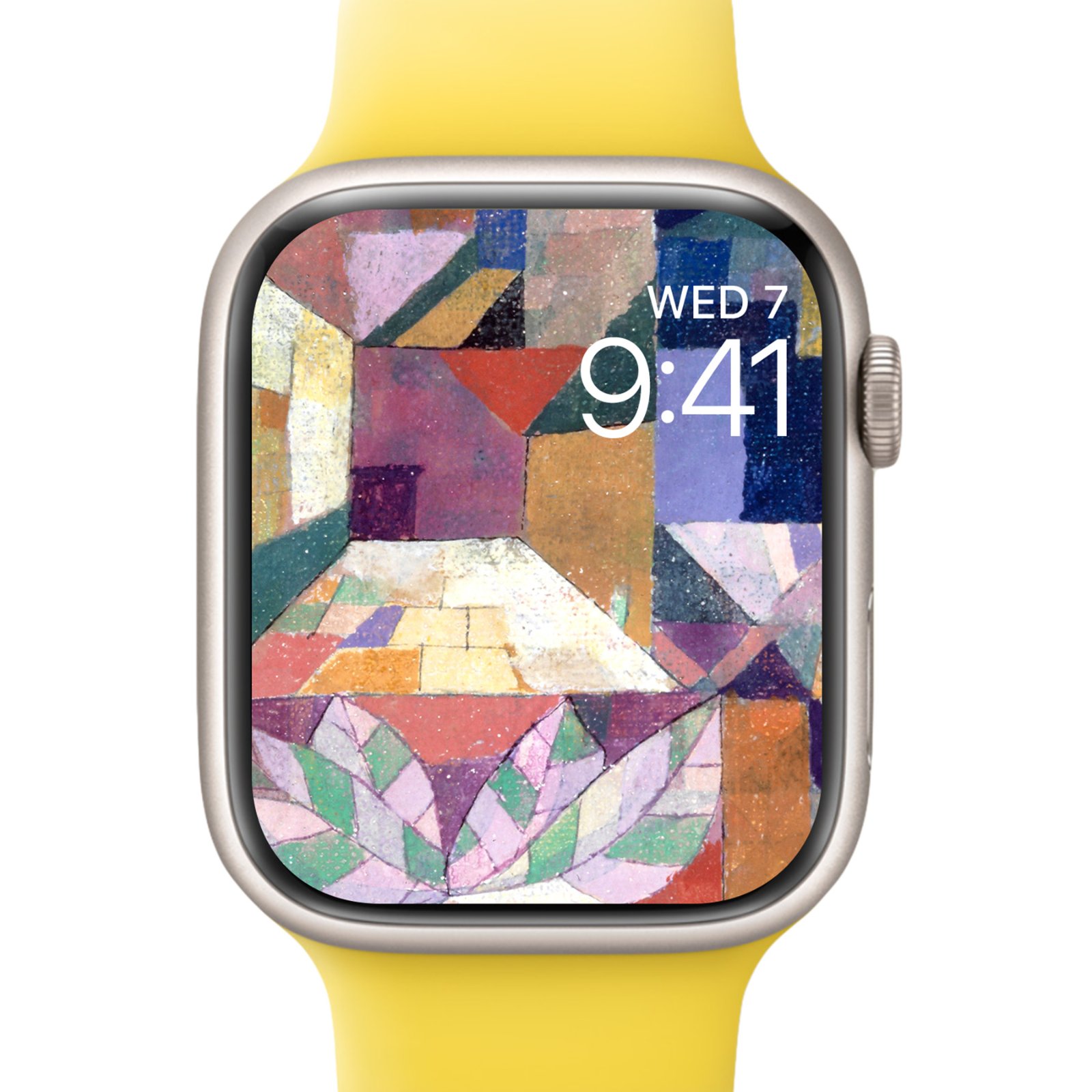 Apple Watch with yellow band displaying a zoomed-in section of Paul Klee's geometric pastel artwork.