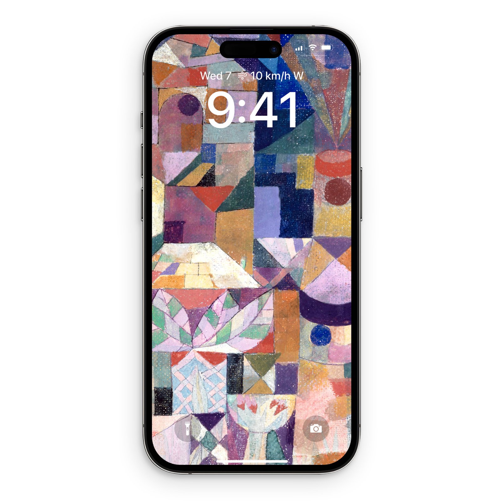 iPhone display showing Paul Klee's colorful abstract painting wallpaper with chalky textures and pastel geometric grid patterns.