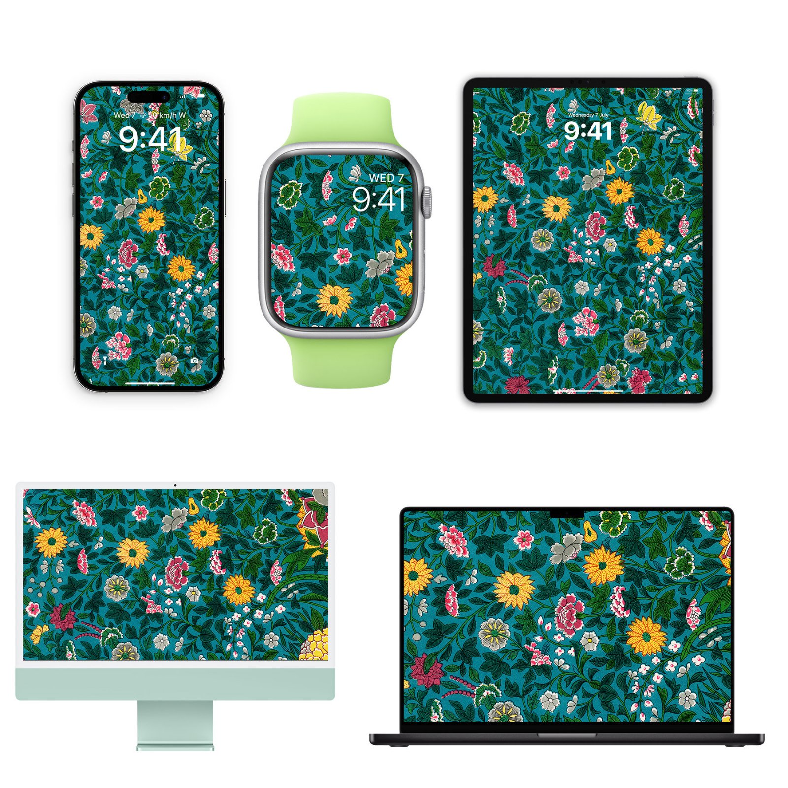 Green botanical Chinese ornamental floral wallpaper shown on an iPhone, Apple Watch, iPad, iMac, and MacBook