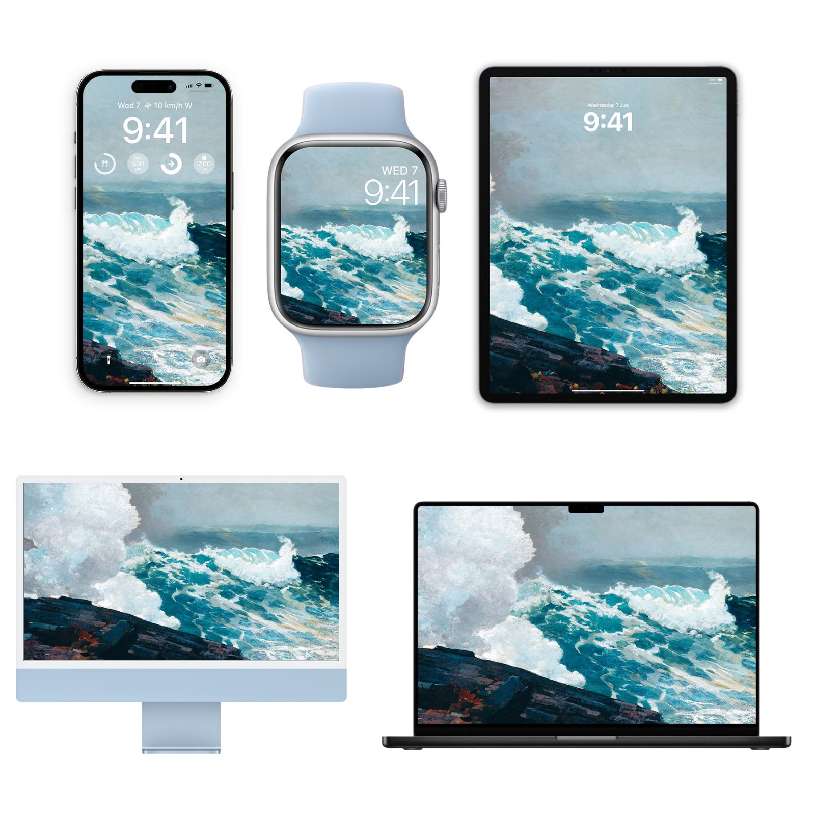 Winslow Homer Northeaster wallpaper displayed on an iPhone, Apple Watch, iPad, iMac, and MacBook against a white backdrop.