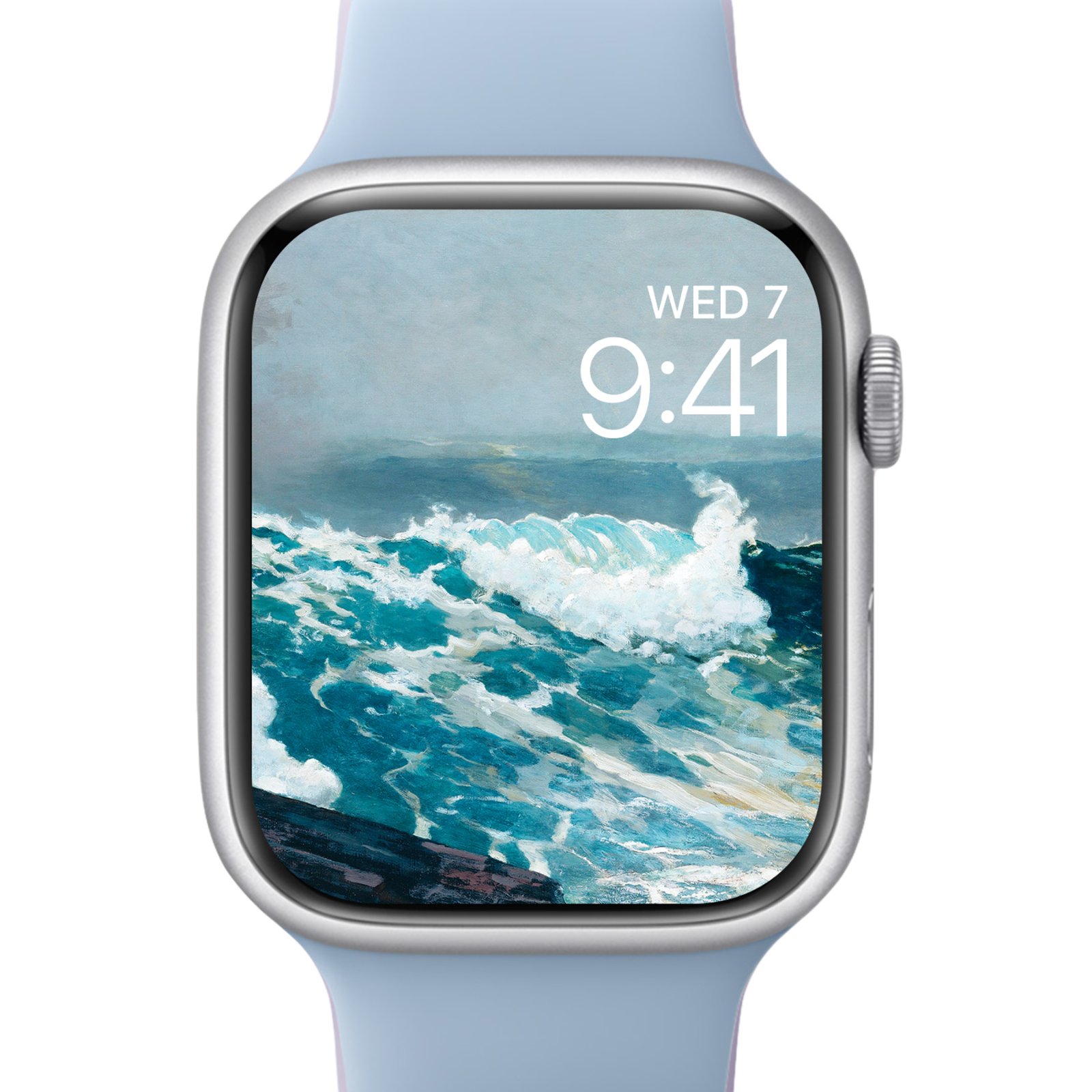 Apple Watch screen mockup showing close-up details of churning blue waves from Winslow Homer's seascape.