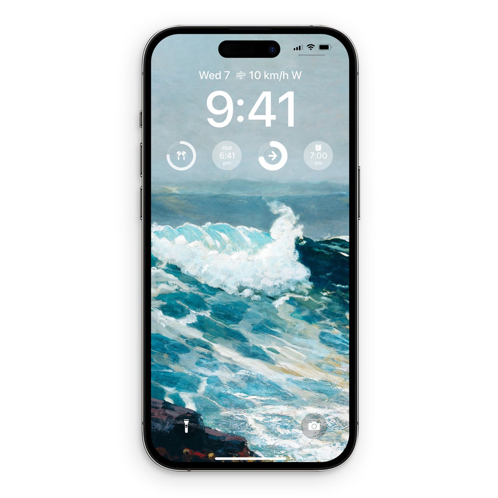 iPhone lock screen mockup displaying Winslow Homer's Northeaster painting with ocean foam and teal waves.