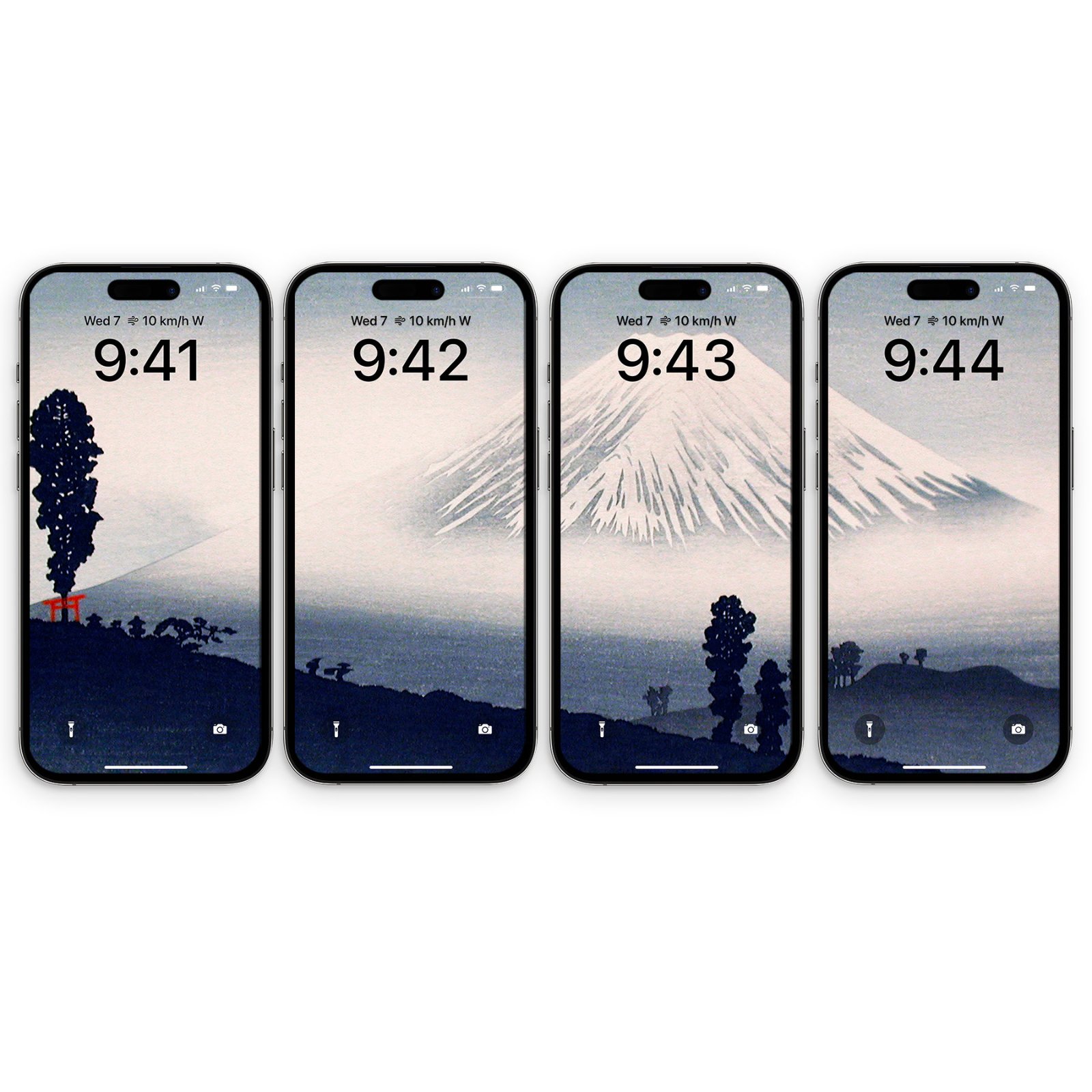Four iPhones lined up horizontally side-by-side displaying a continuous wide ukiyo-e woodblock landscape artwork of Mount Fuji by Hiroaki Takahashi across their screens against a plain white background.