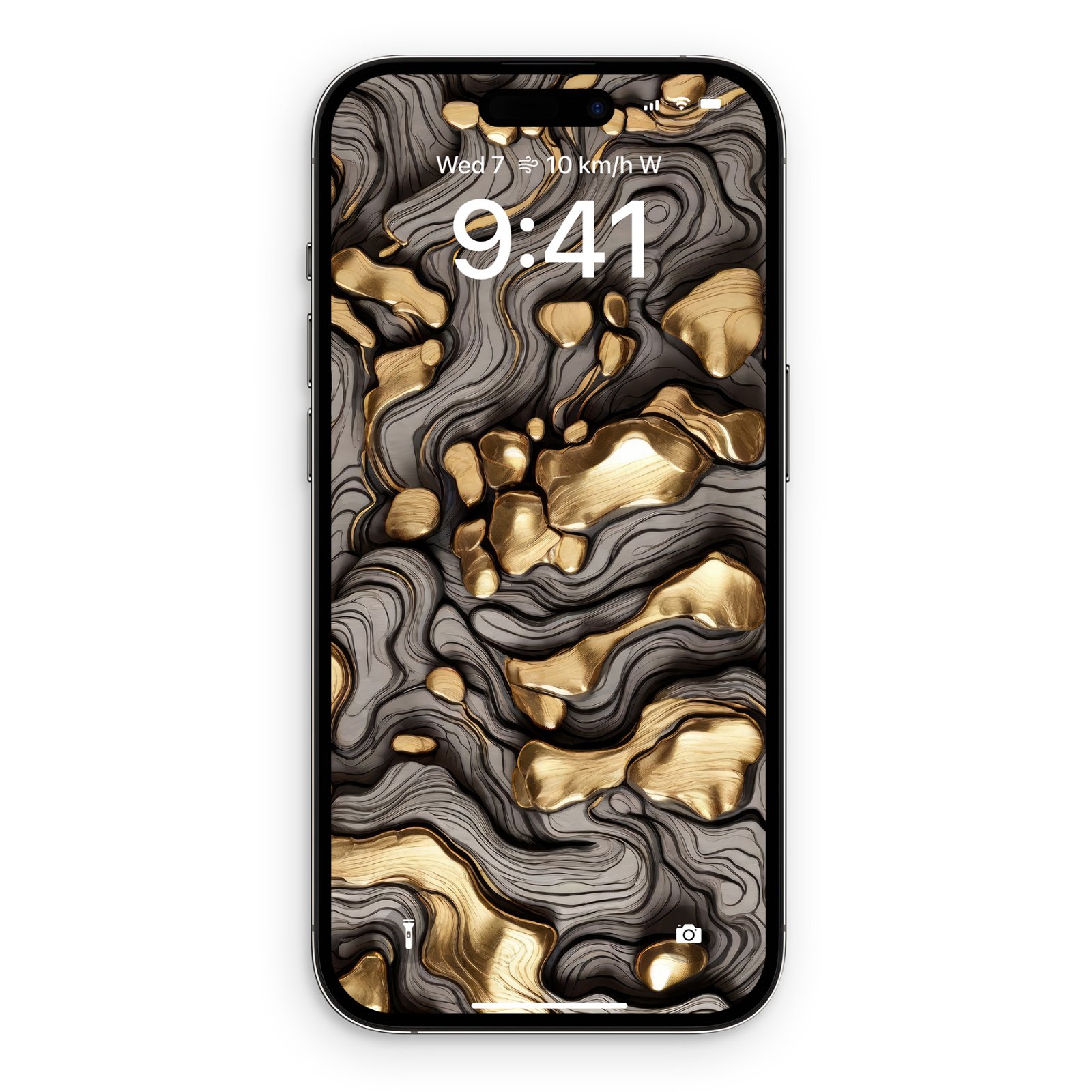 An iPhone displaying a wallpaper of molten gold veins flowing over dark charcoal topographic woodgrain textures on its lock screen.