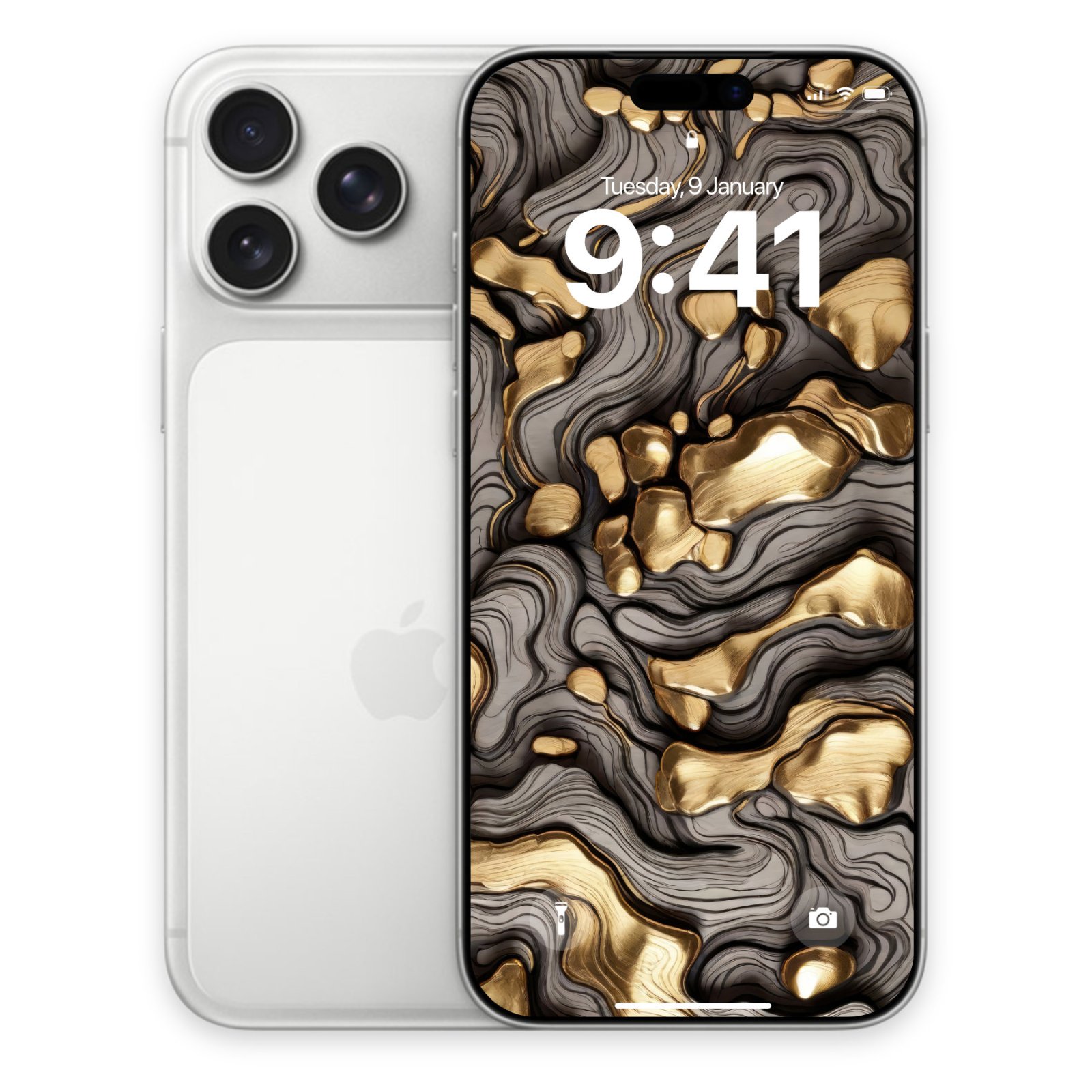 A white iPhone displaying a liquid gold and black topographic marble texture wallpaper next to its back casing.