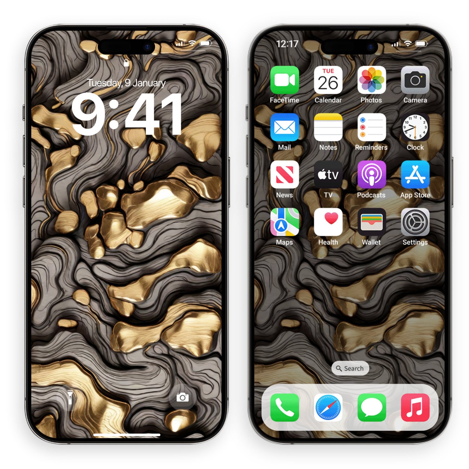 Two iPhone screens side by side showing lock screen and home screen previews of a gold and charcoal topographic metallic wallpaper.