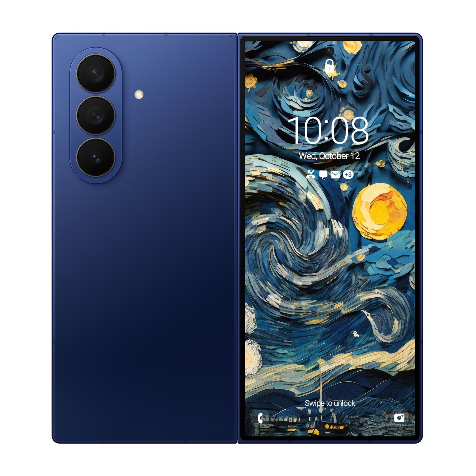 Samsung Galaxy Z Fold phone in midnight blue, open to display the Starry Night Paper Art wallpaper on the inner screen. The wallpaper shows deep cobalt and cream swirling brushstrokes with a golden moon at center, surrounded by smaller ochre and pale yellow stars, rendered as layered paper texture w