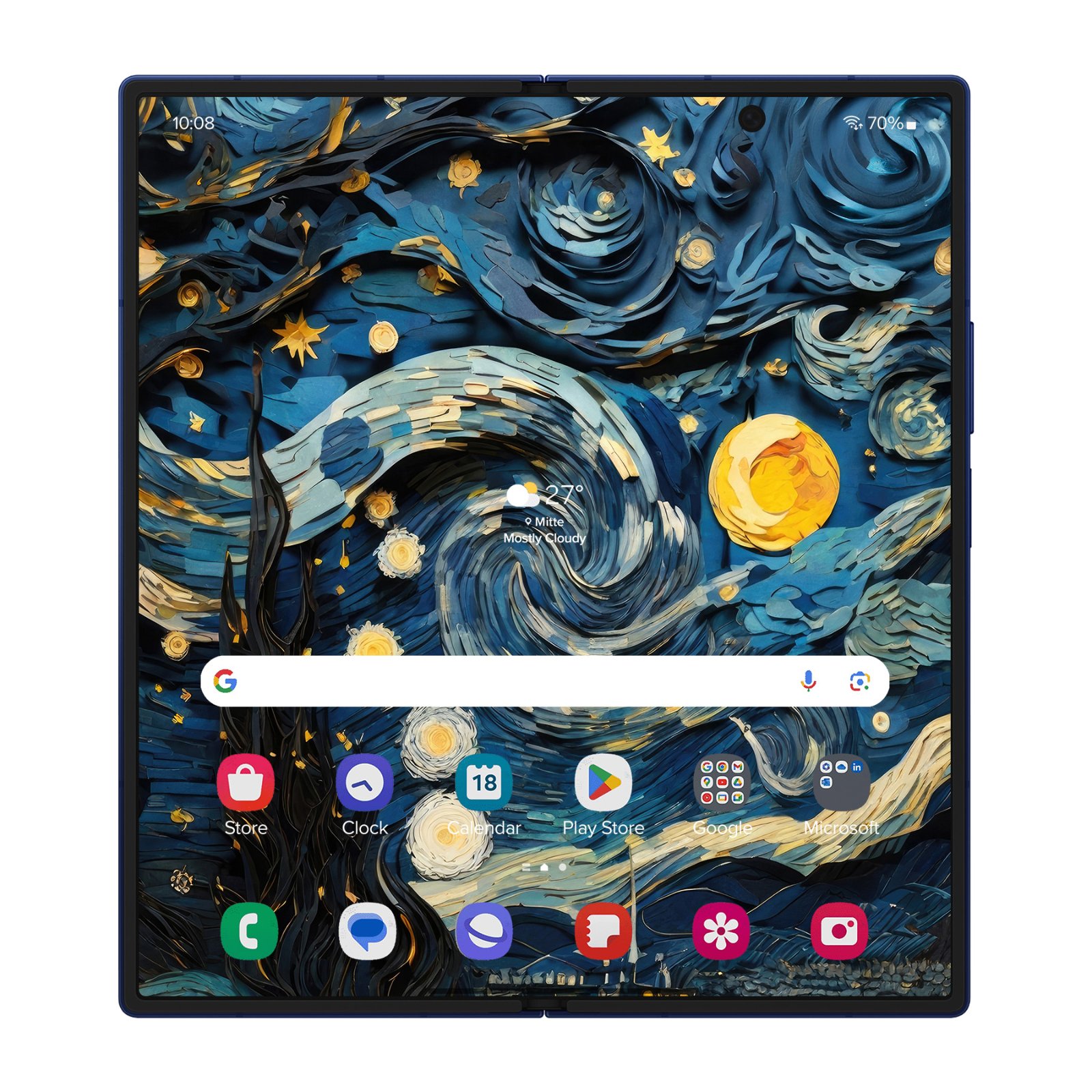 Google Pixel tablet displaying the Starry Night Paper Art wallpaper in full, showing the complete composition of layered paper swirls in midnight blue, cream, and burnt gold with a luminous golden moon centered in the design.
