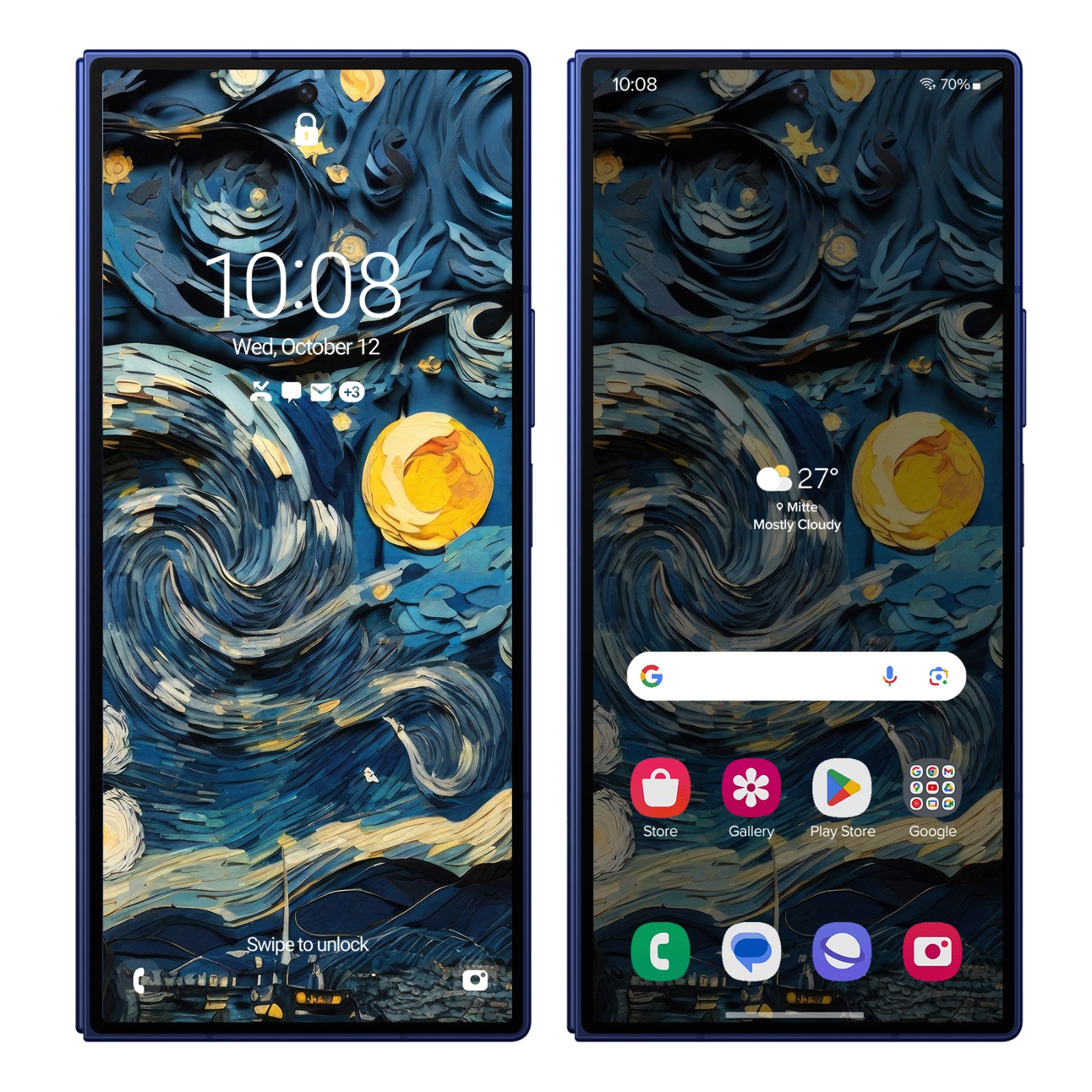 Two phones side by side: an iPhone on the left and a Samsung Galaxy phone on the right, both displaying the Starry Night Paper Art wallpaper with identical composition of cobalt swirls, cream folds, golden moon, and ochre stars.
