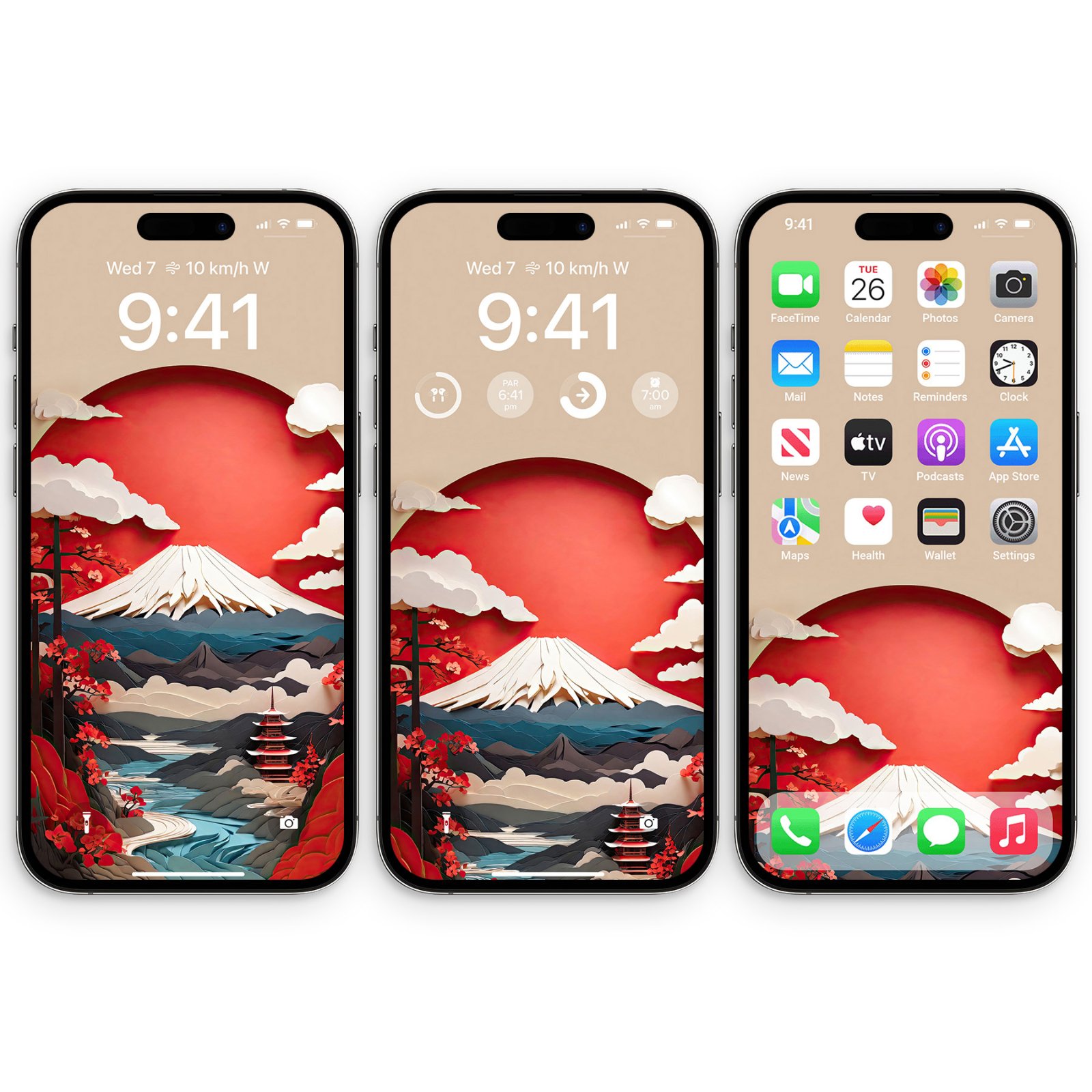 Three iPhone mockups side-by-side displaying a layered papercraft wallpaper: a snow-capped Mount Fuji centered beneath a large coral-red sun, surrounded by cream clouds, crimson maple trees in the foreground, a teal river in the middle ground, and a small pagoda. The left phone shows the lock screen
