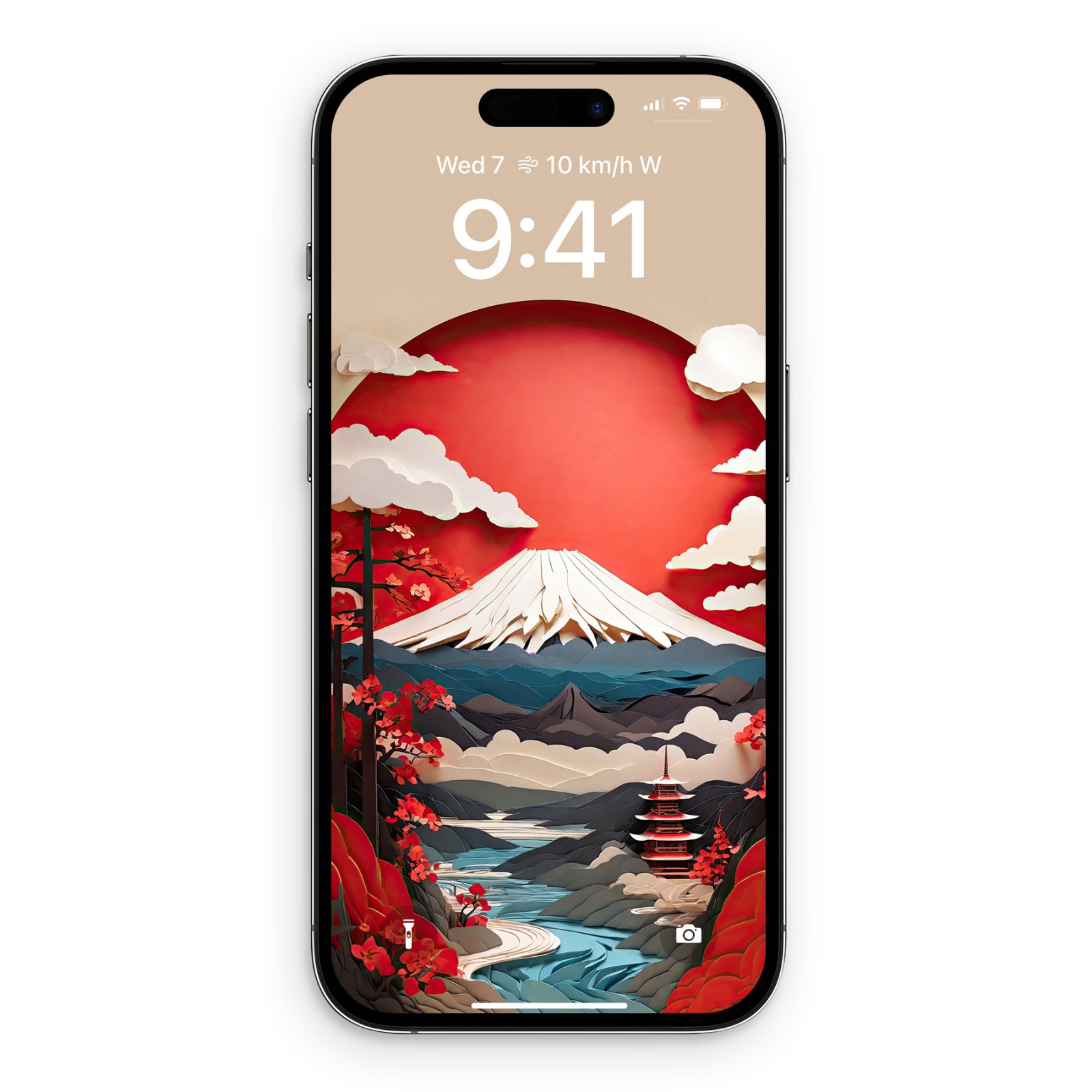 Single iPhone mockup showing the Mount Fuji papercraft wallpaper on the lock screen with time 9:41 and weather information displayed above the landscape.