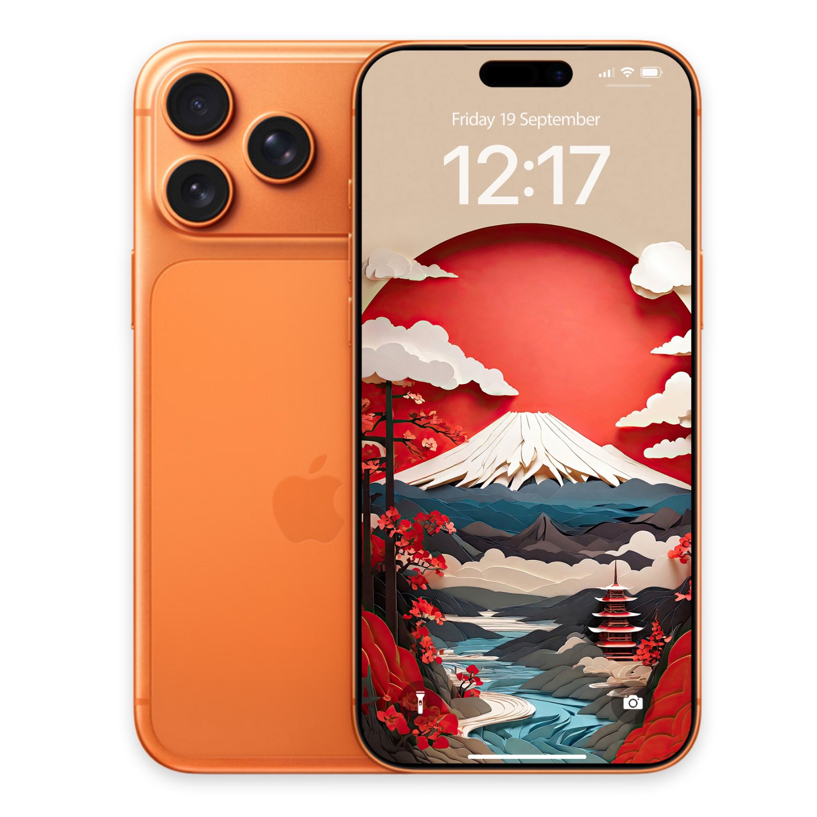 Orange iPhone 14 Pro and iPhone mockup positioned side-by-side, the phone's back visible on the left, the wallpaper displayed on the right phone's lock screen showing the full layered landscape composition.