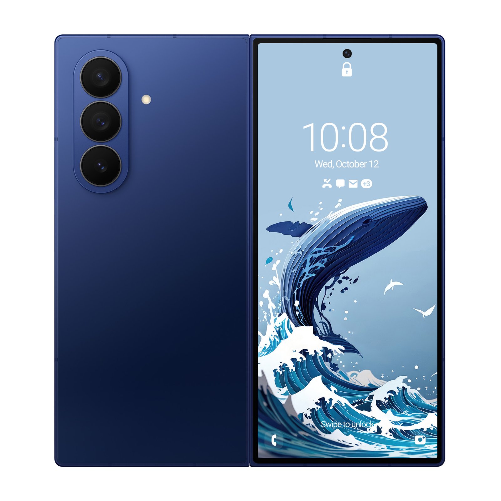 Samsung Galaxy Z Fold phone displaying a papercraft whale breaching through layered navy and white waves with smaller fish and water spray, on a light blue background with time 10:08 displayed.